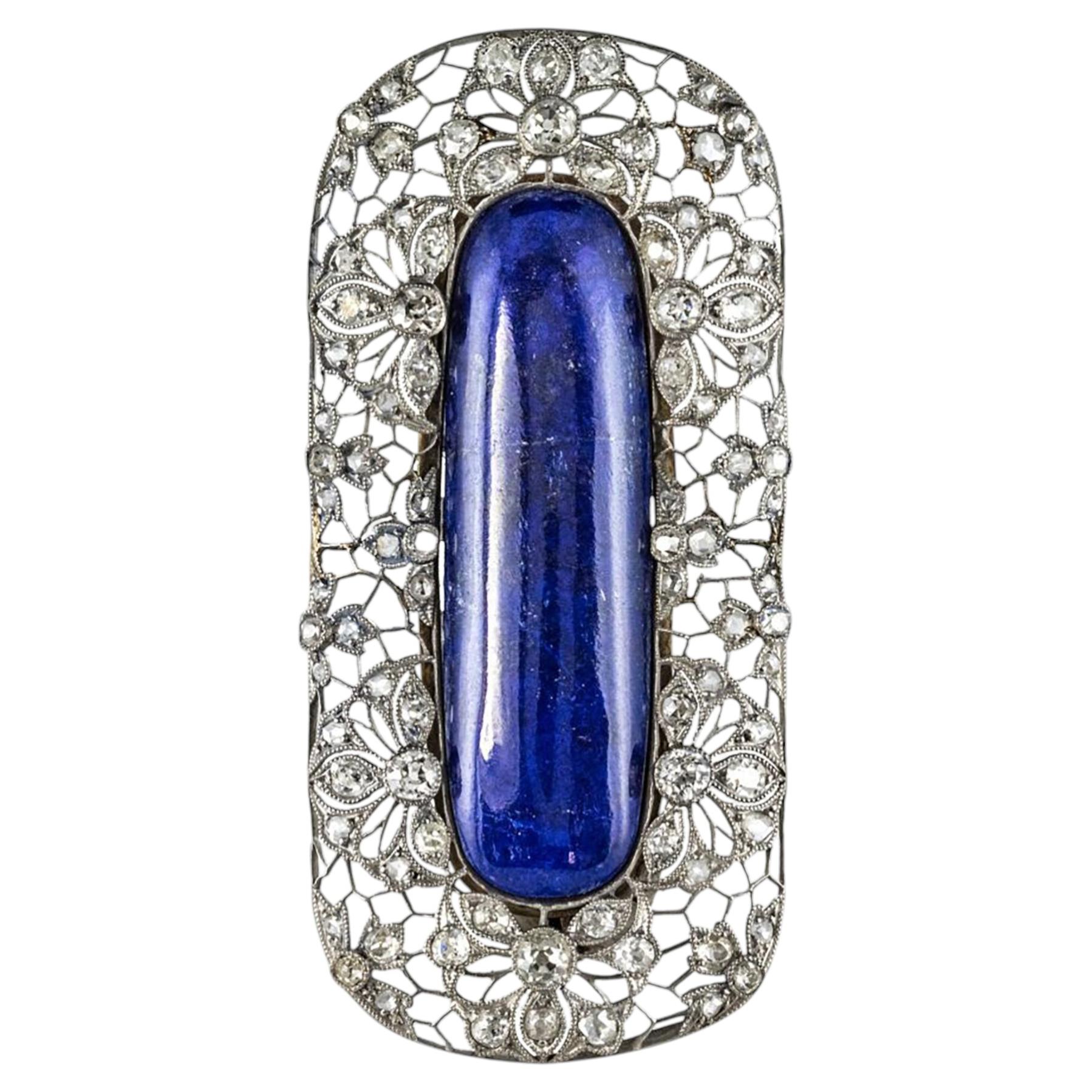 1925s Art Deco Antique Diamond Lapis Lazuli Platinum Brooch For Sale