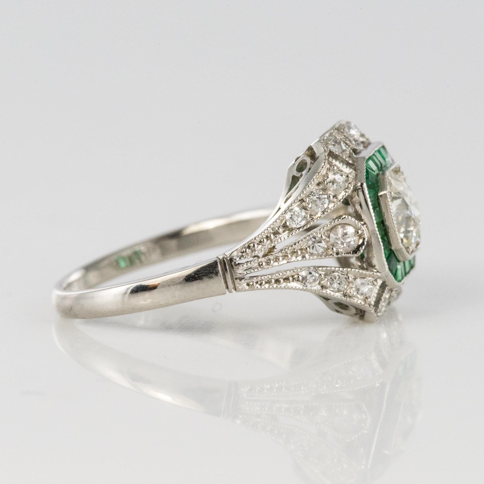 1925s Art Deco Calibrated Emeralds Diamonds Platinum Ring 7