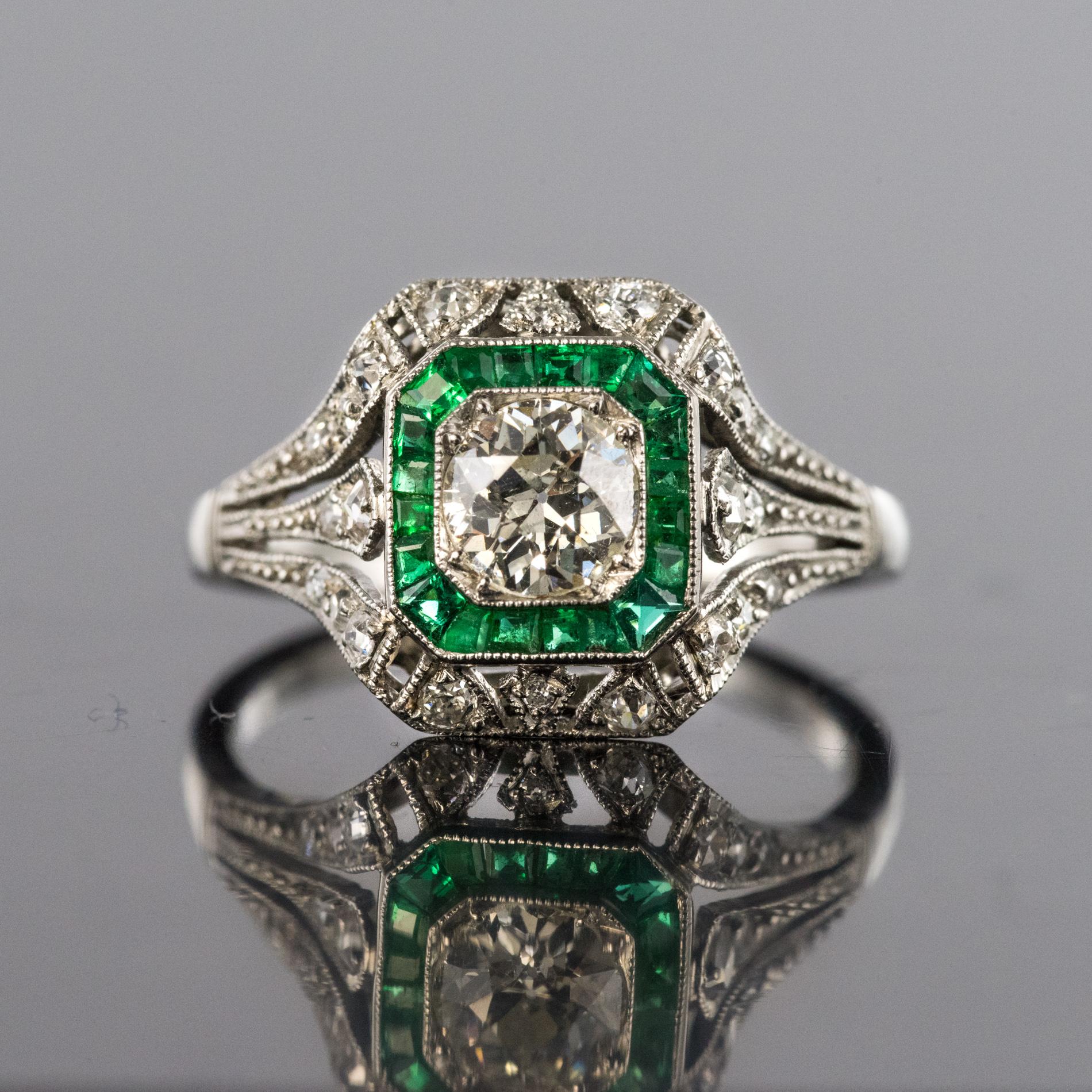 Radiant Cut 1925s Art Deco Calibrated Emeralds Diamonds Platinum Ring