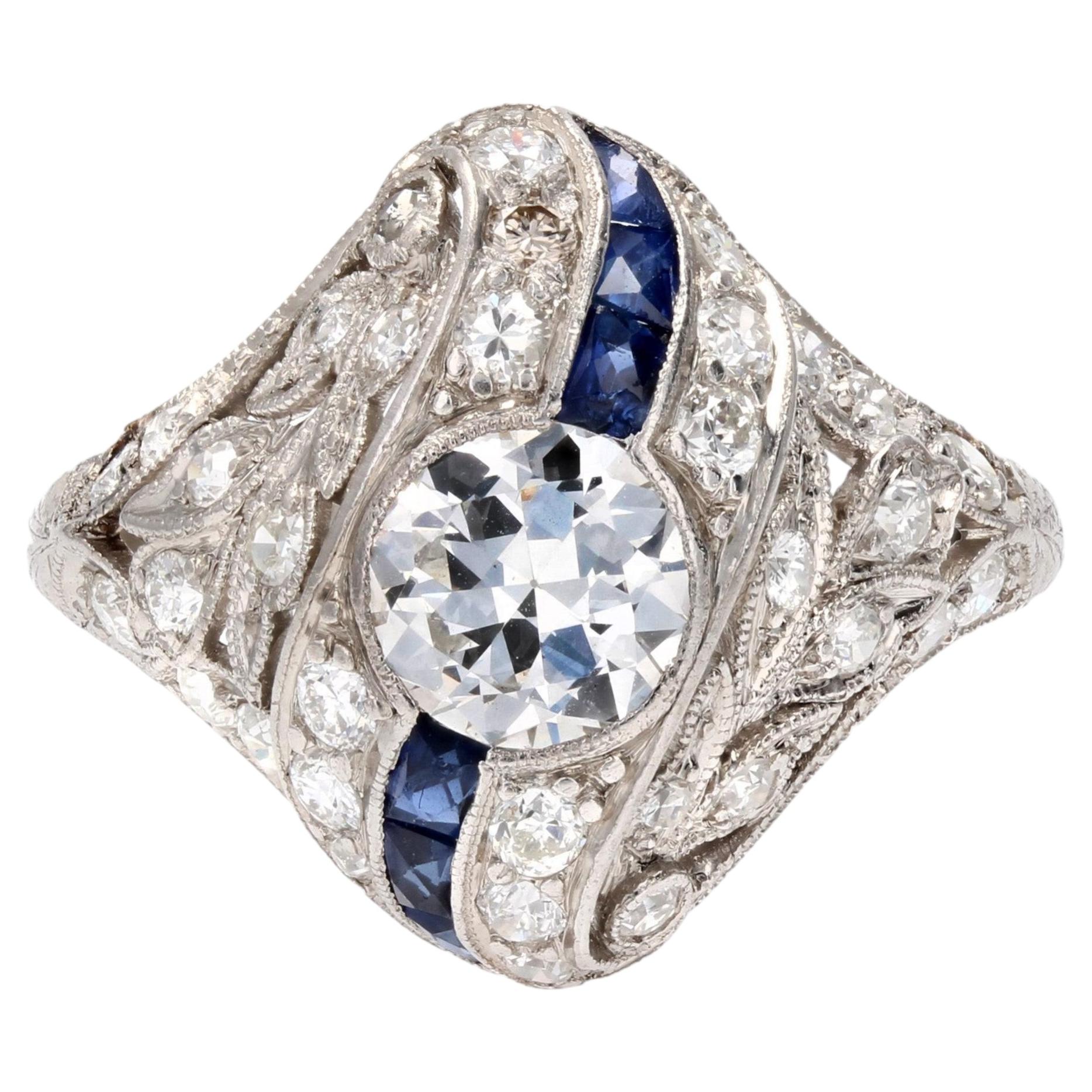 1925s Art Deco Calibrated Sapphire Diamonds Platinum Ring For Sale