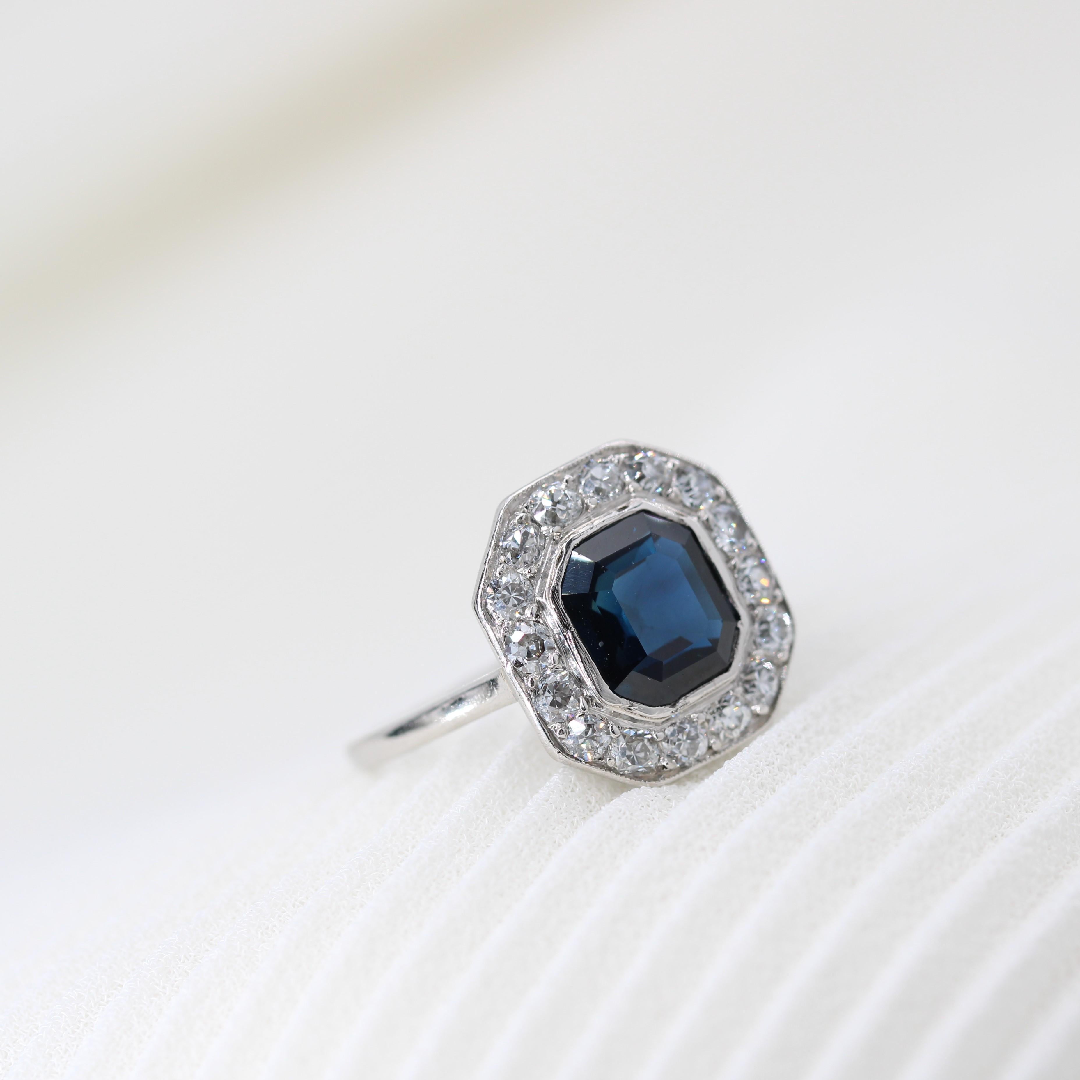 1925s Art Deco Cushion Sapphire Diamonds Platinum Ring 8