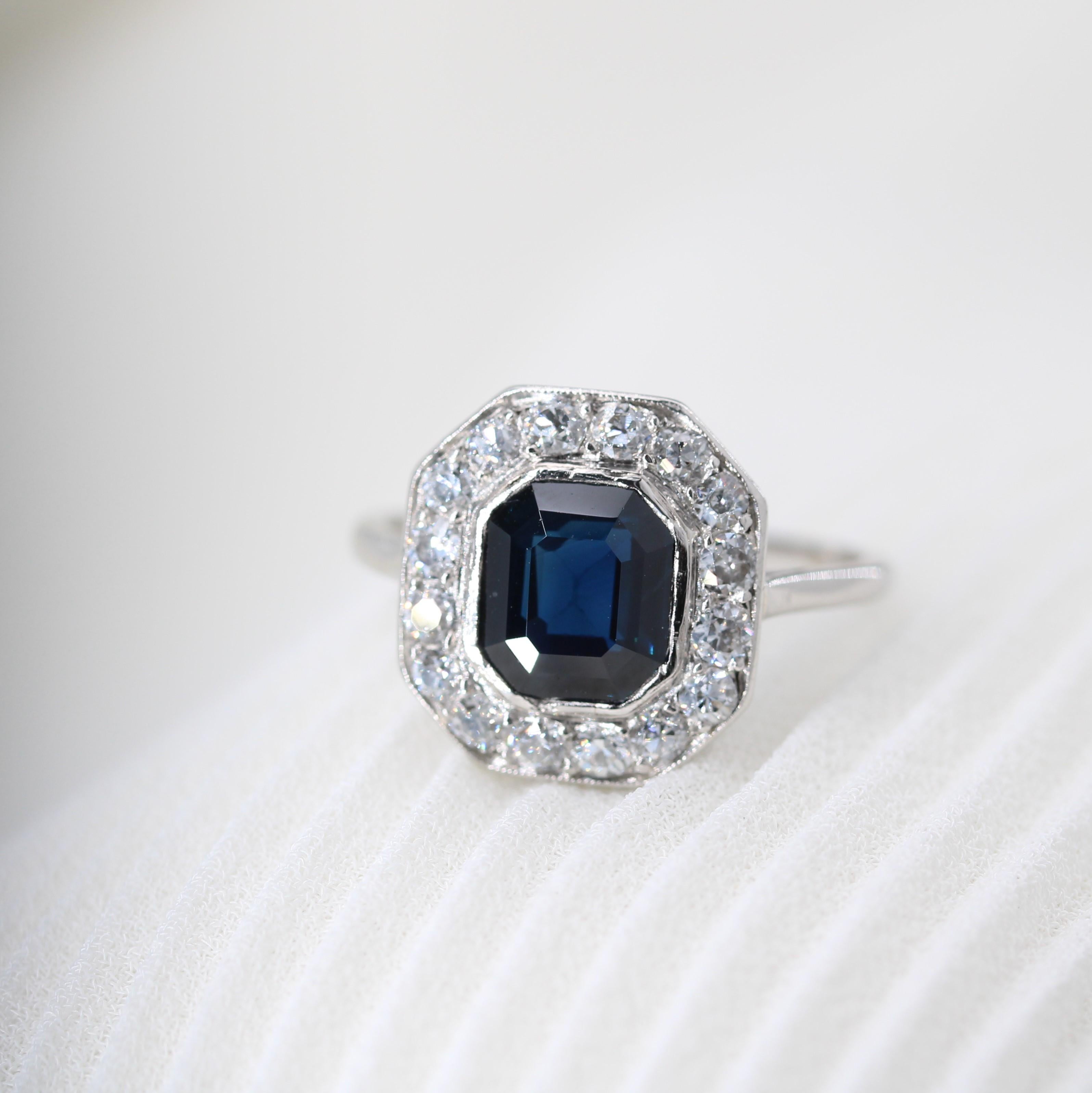 Cushion Cut 1925s Art Deco Cushion Sapphire Diamonds Platinum Ring