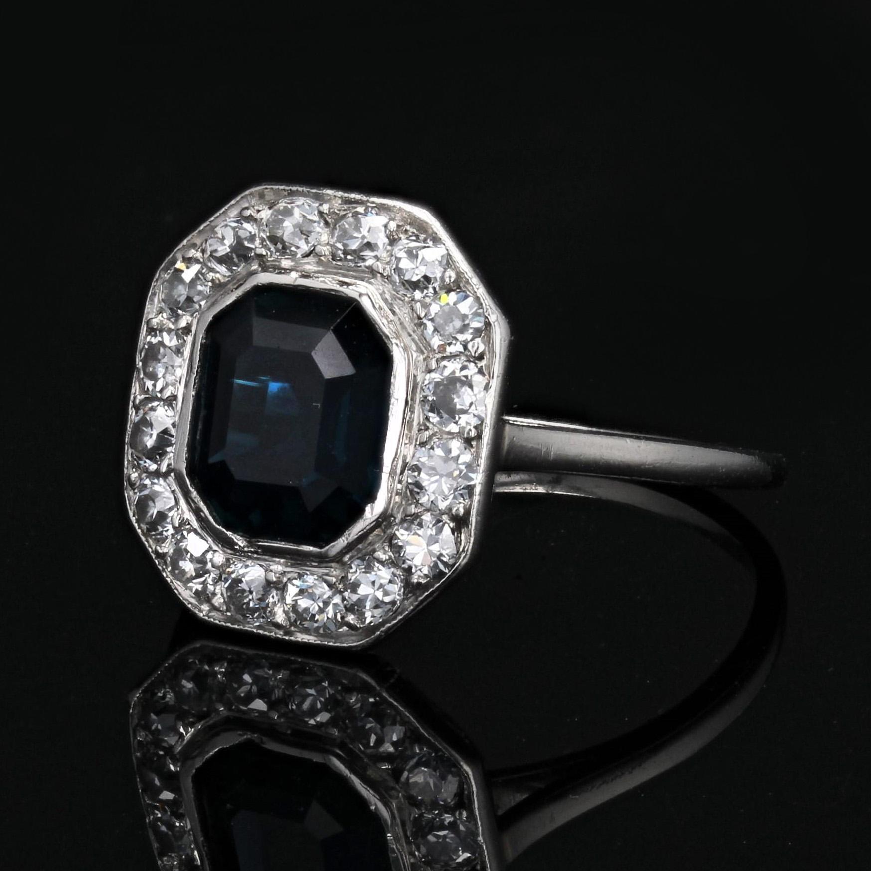 1925s Art Deco Cushion Sapphire Diamonds Platinum Ring 2