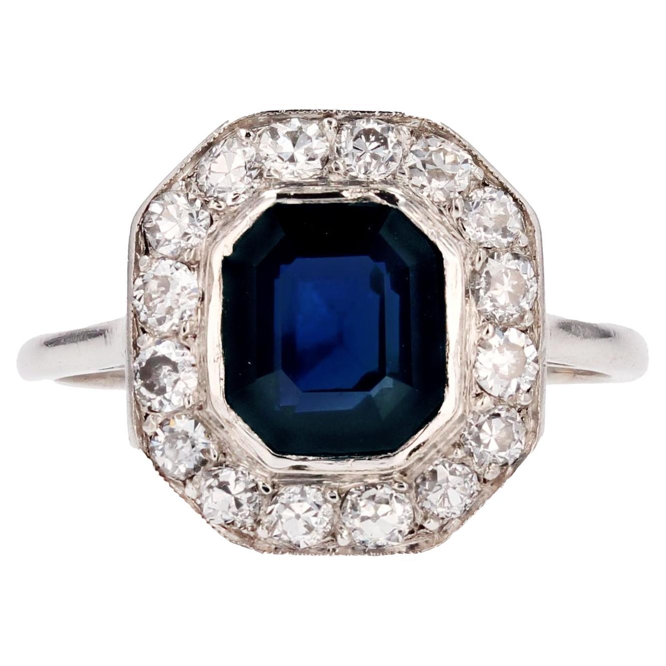 1925s Art Deco Cushion Sapphire Diamonds Platinum Ring