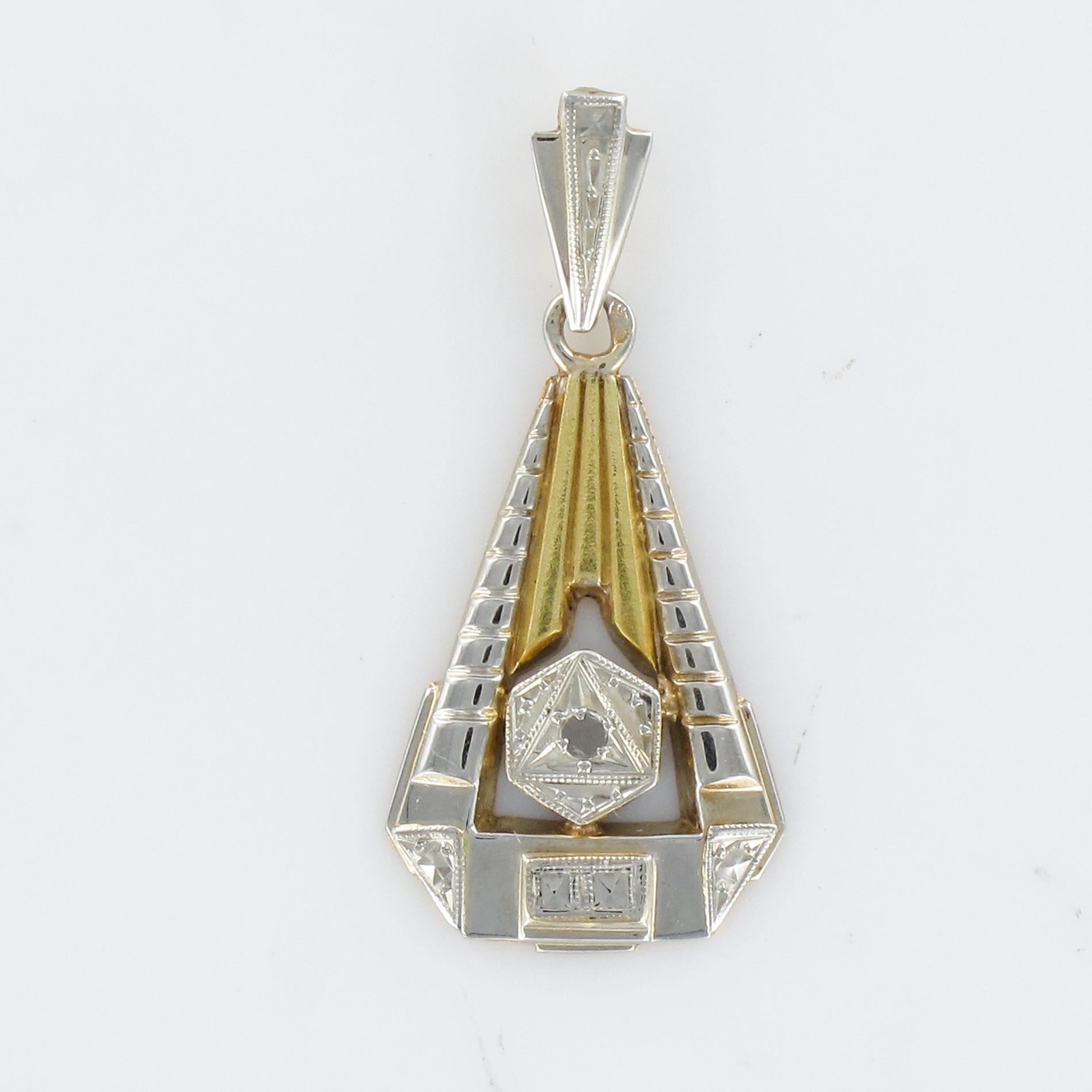 1925s Art Deco Diamonds 18 Karat Yellow White Gold Pendant 7