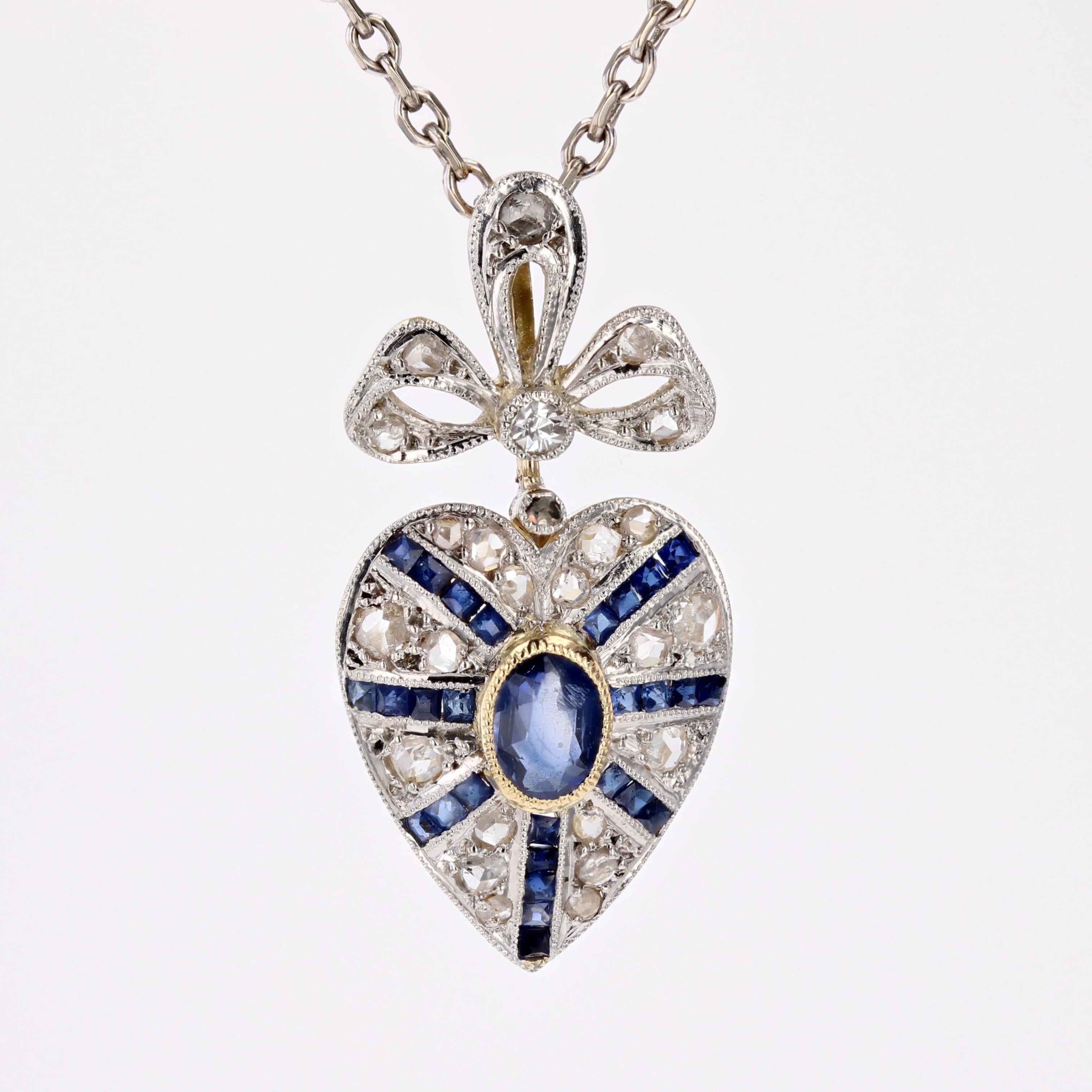 1925s Art Deco Sapphire Diamonds 18 Karat Yellow Gold Heart-Shape Pendant 2