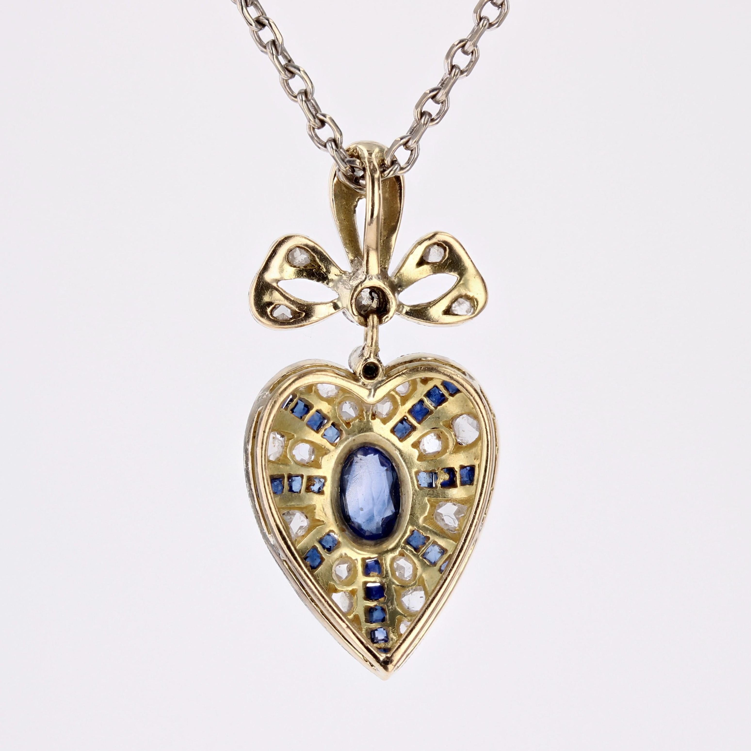 1925s Art Deco Sapphire Diamonds 18 Karat Yellow Gold Heart-Shape Pendant 4