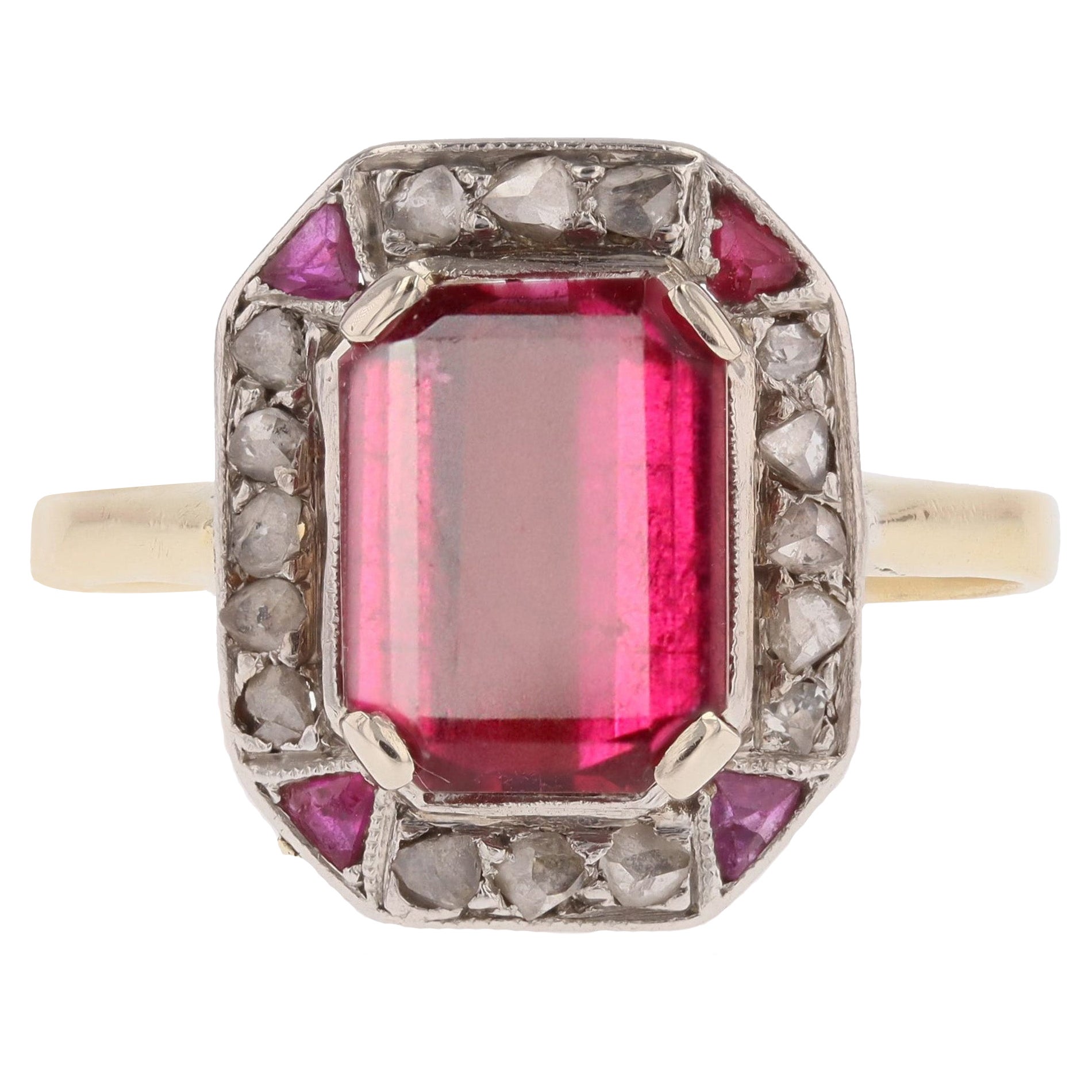 1925er Art Deco Turmalin Diamanten 18 Karat Gelbgold Platin Ring