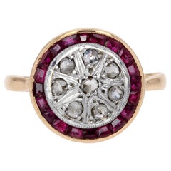 1925s Calibrated Red Gems Diamonds 18 Karat Yellow Gold Round Ring