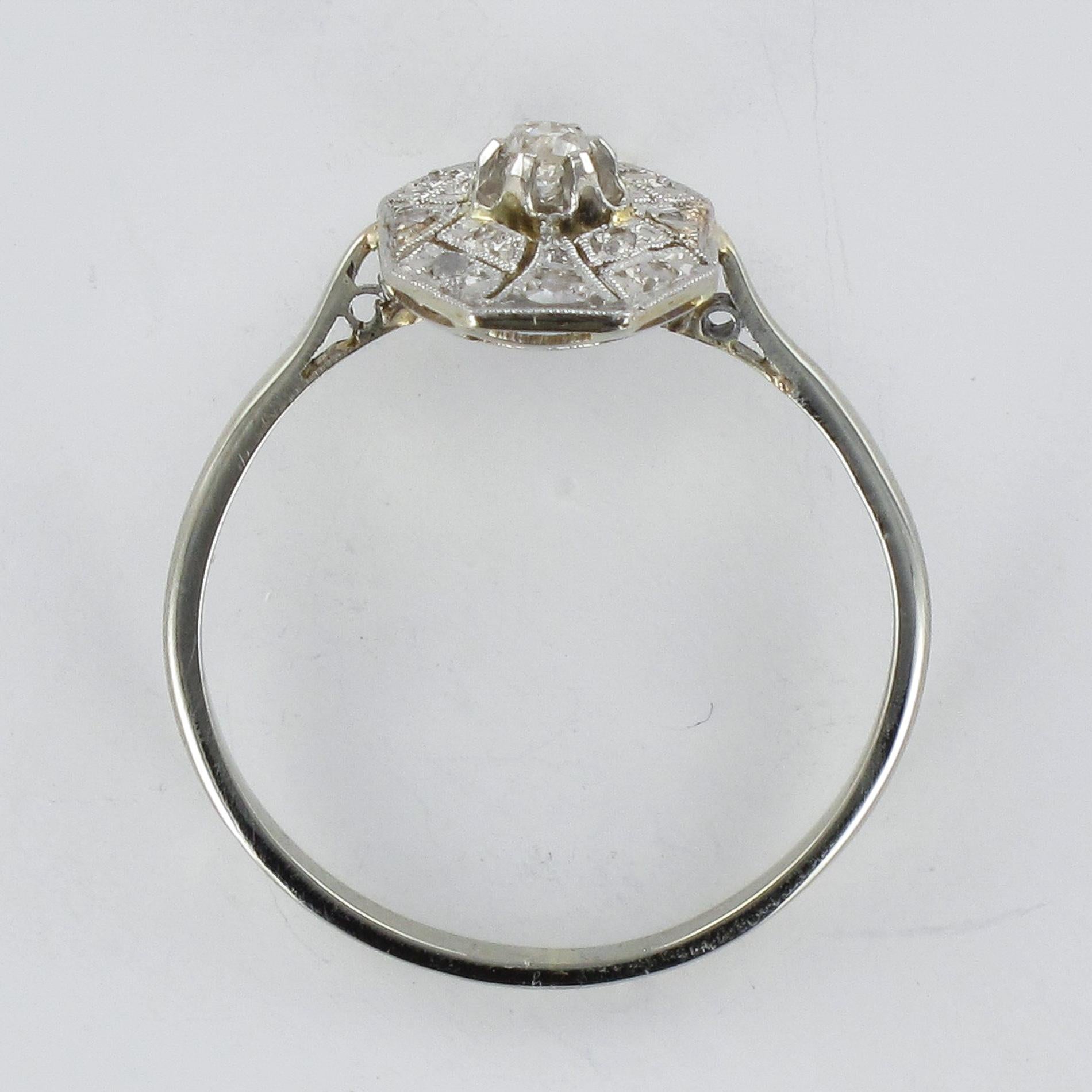 1925 French Art Deco 18 Karat White Gold Platinum Diamond Hexagon Shaped Ring 3