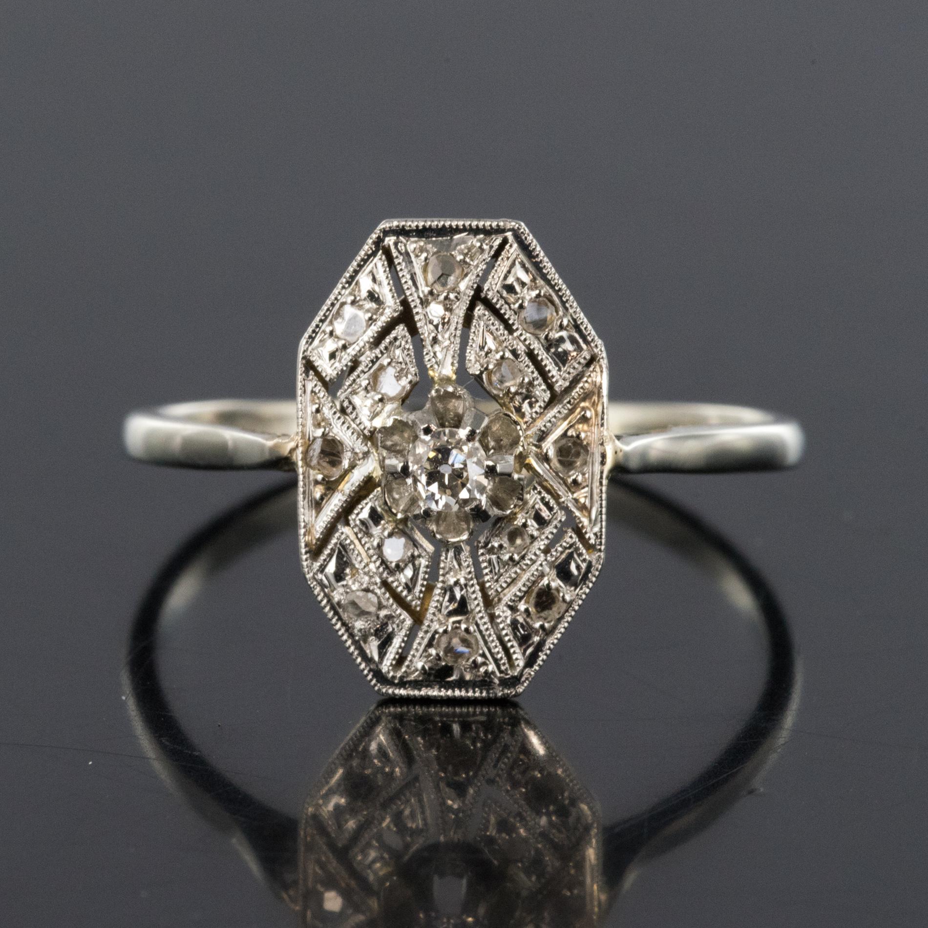 1925 French Art Deco 18 Karat White Gold Platinum Diamond Hexagon Shaped Ring 1