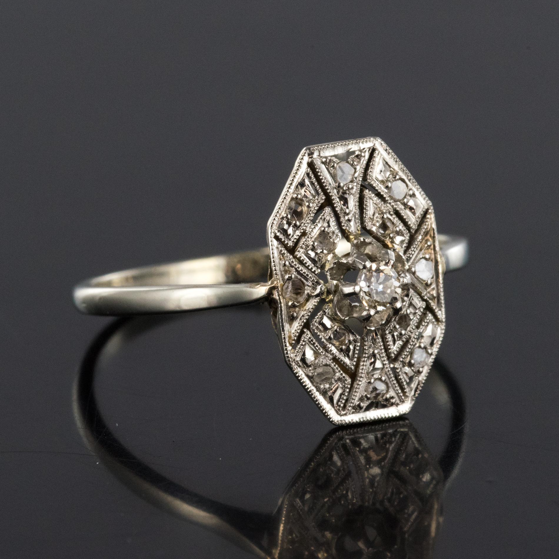 1925 French Art Deco 18 Karat White Gold Platinum Diamond Hexagon Shaped Ring 2
