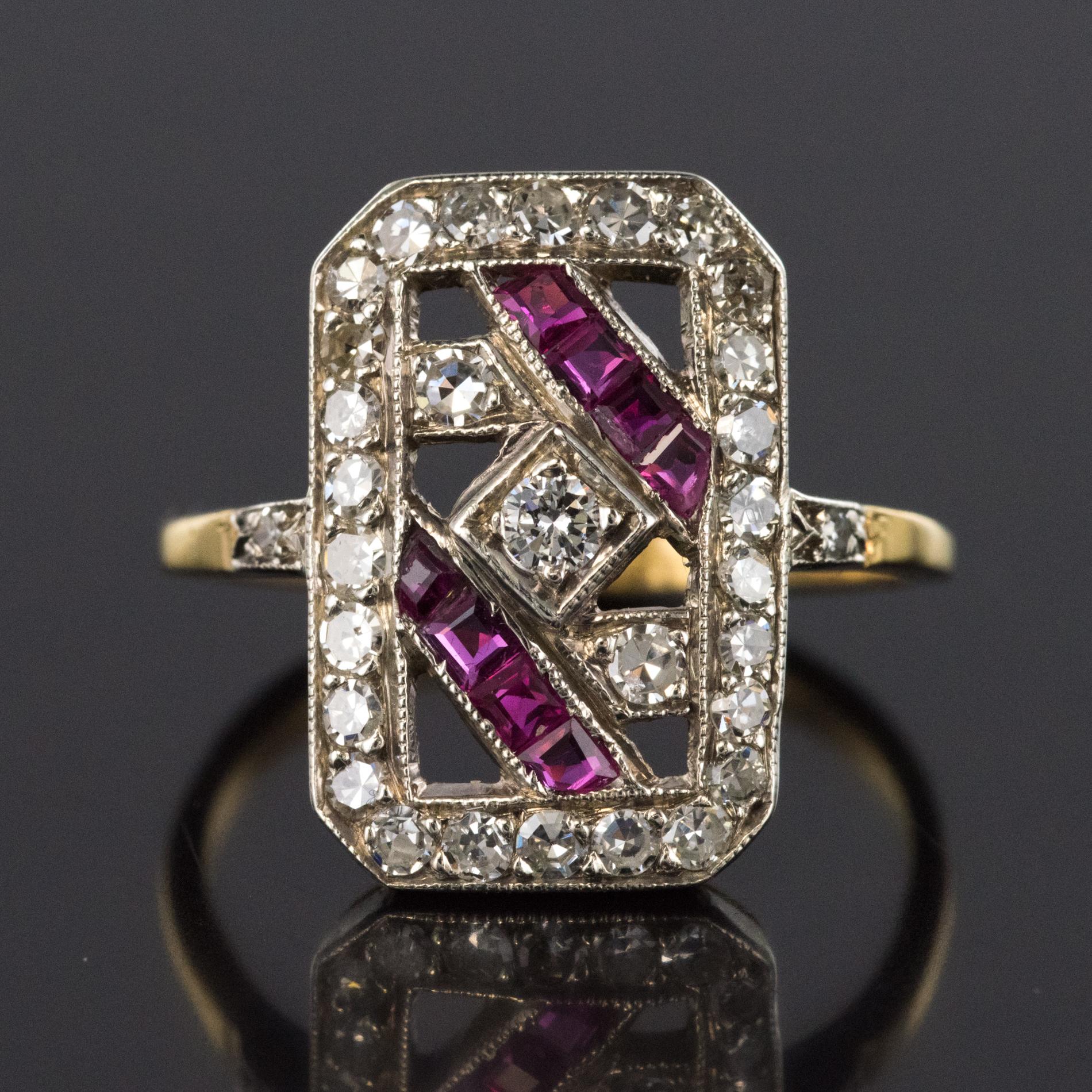 1925s French Art Deco 18 Karat Yellow Gold Ruby Diamond Rectangular Ring 6