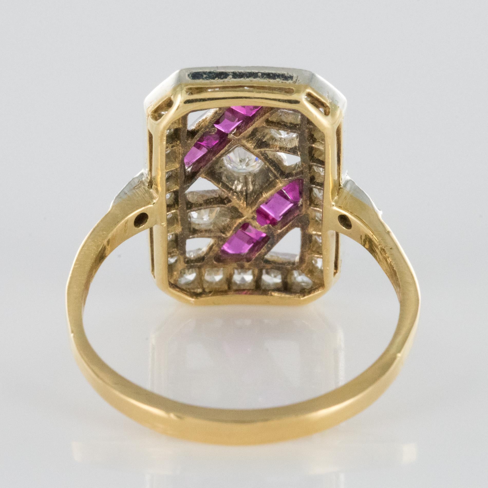 1925s French Art Deco 18 Karat Yellow Gold Ruby Diamond Rectangular Ring 7