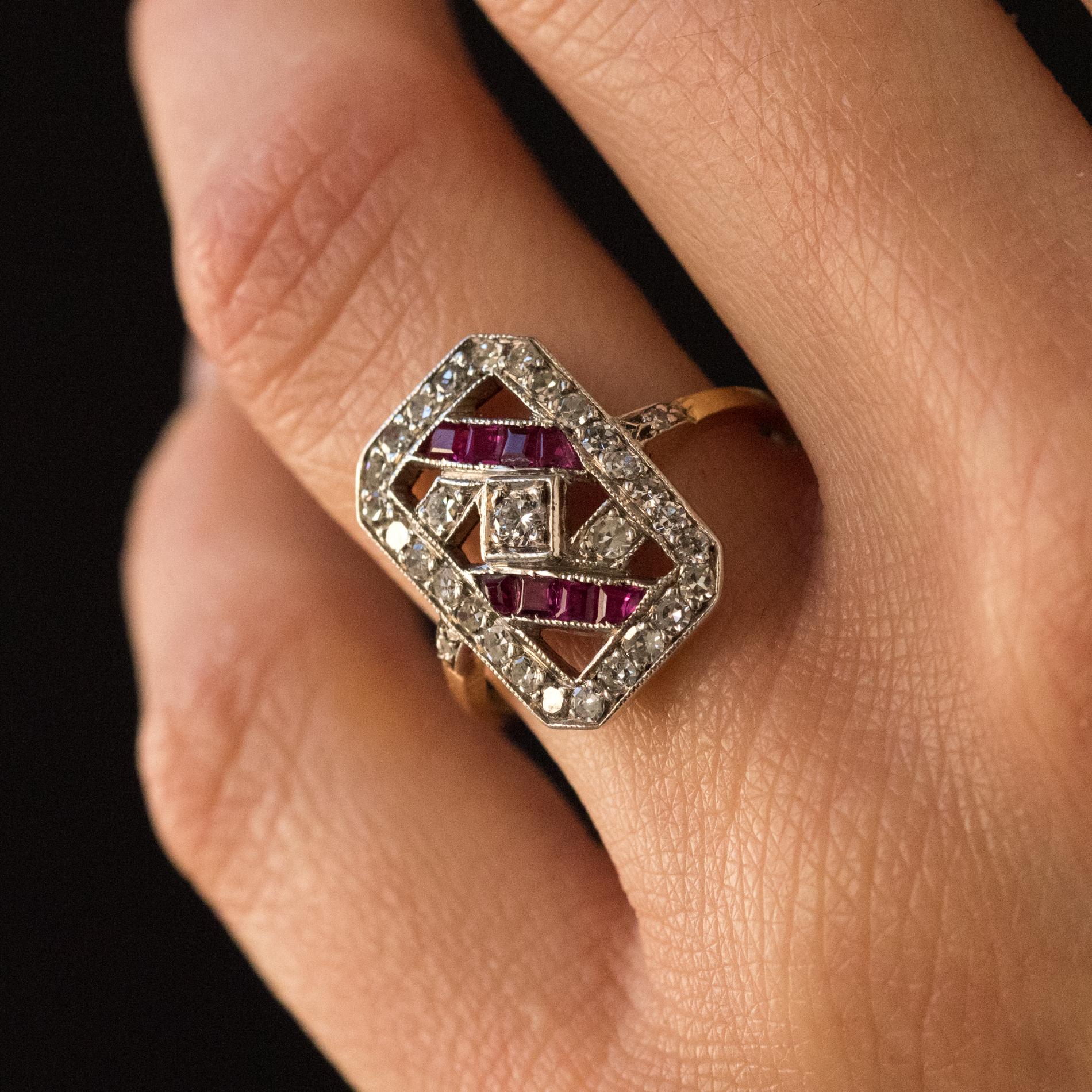 Women's 1925s French Art Deco 18 Karat Yellow Gold Ruby Diamond Rectangular Ring