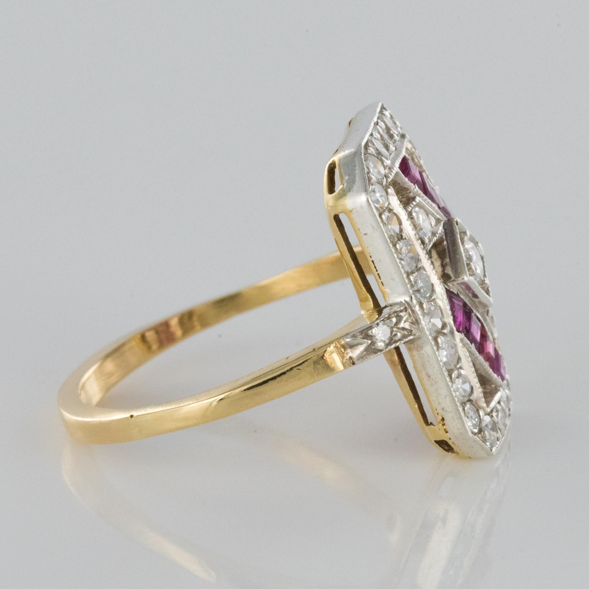 1925s French Art Deco 18 Karat Yellow Gold Ruby Diamond Rectangular Ring 2