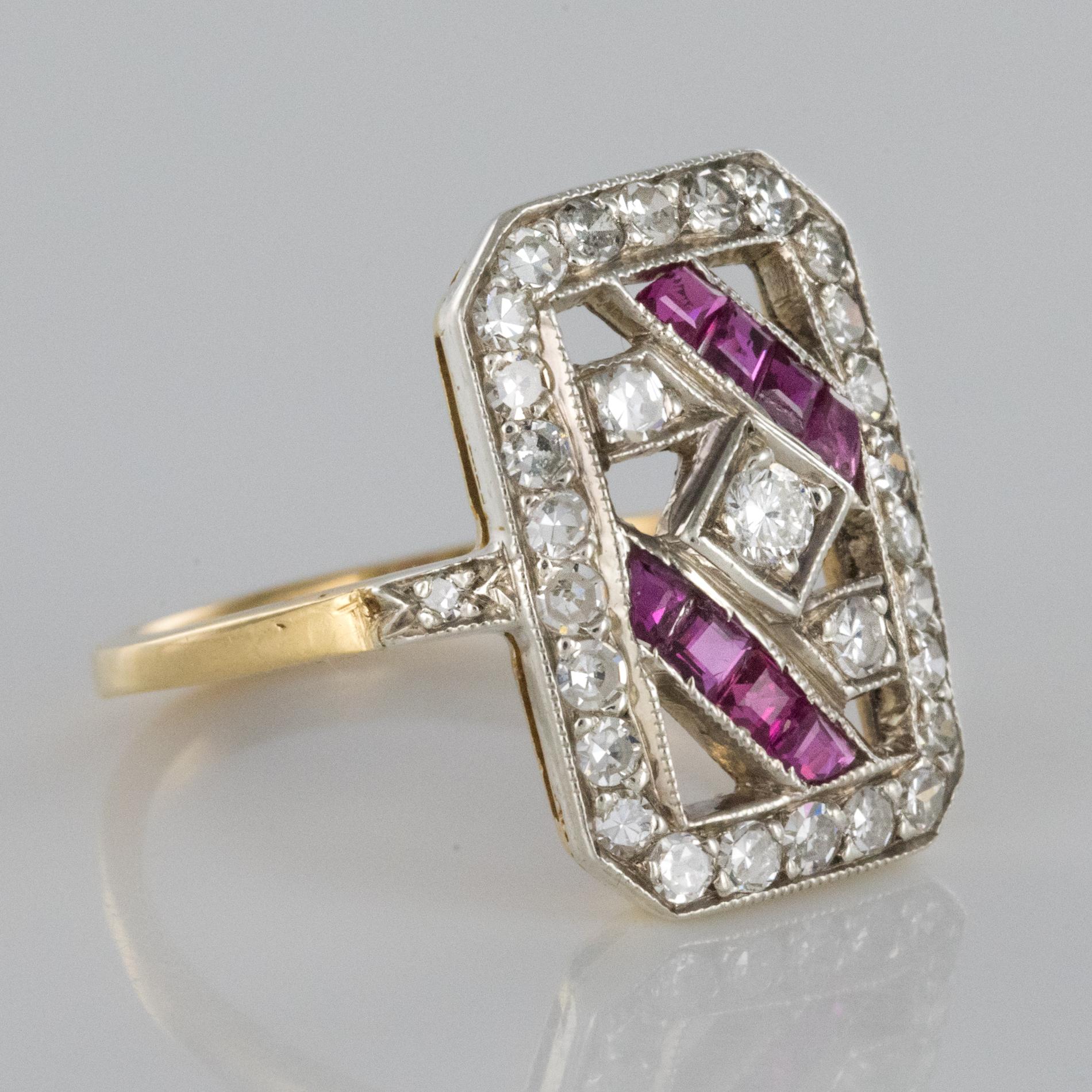 1925s French Art Deco 18 Karat Yellow Gold Ruby Diamond Rectangular Ring 4