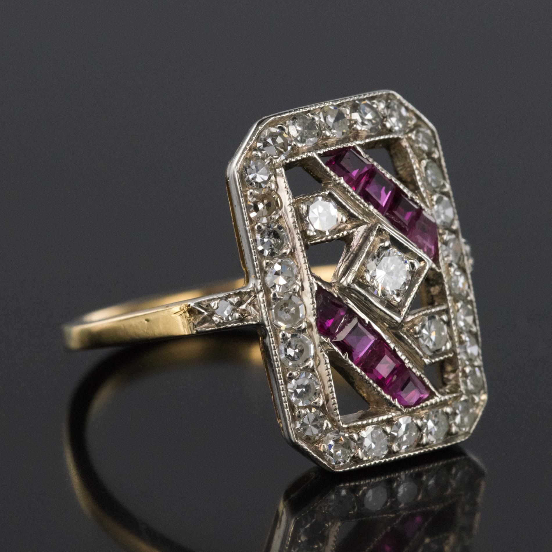 1925s French Art Deco 18 Karat Yellow Gold Ruby Diamond Rectangular Ring 5