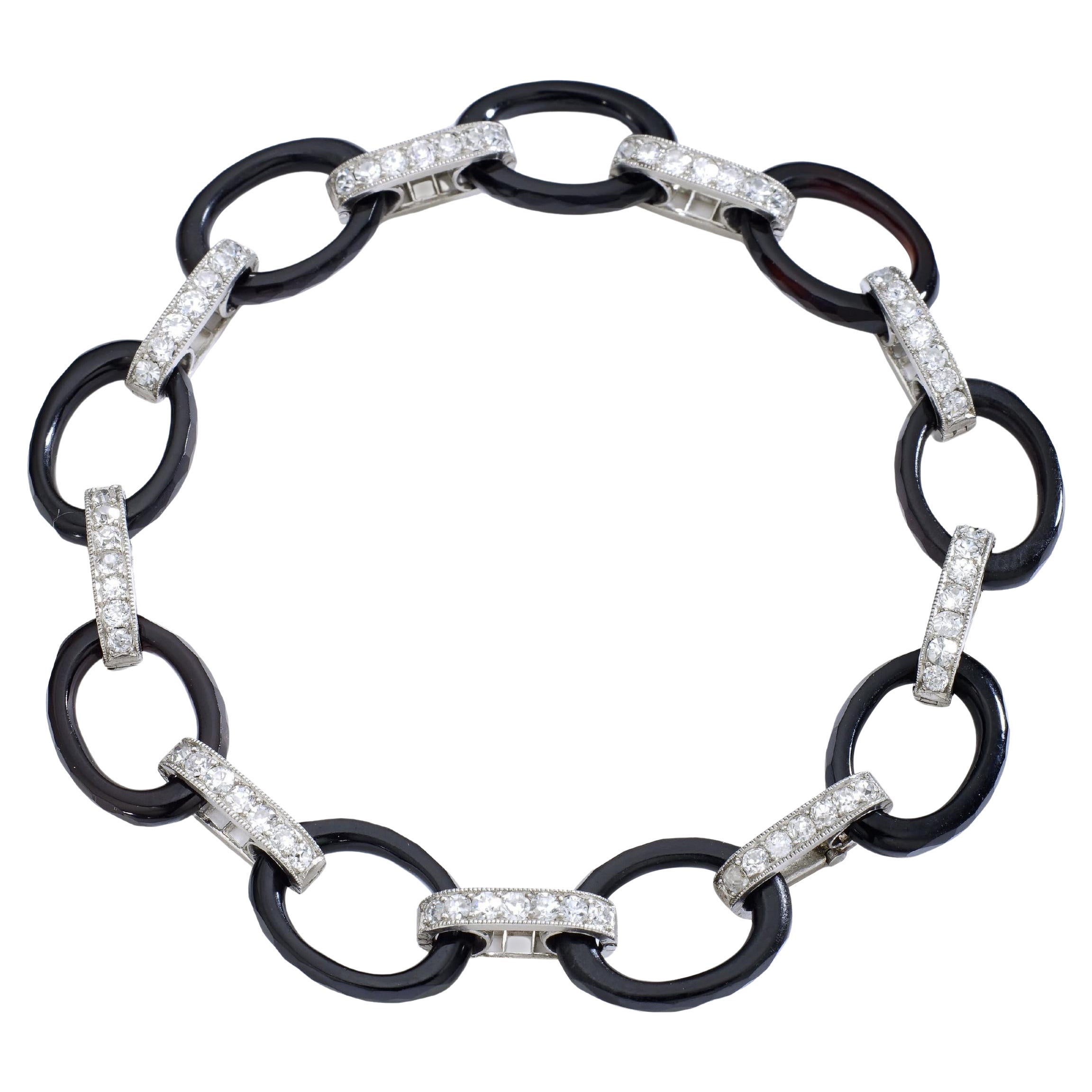 Bracciale Art Deco francese in platino con diamanti e onice