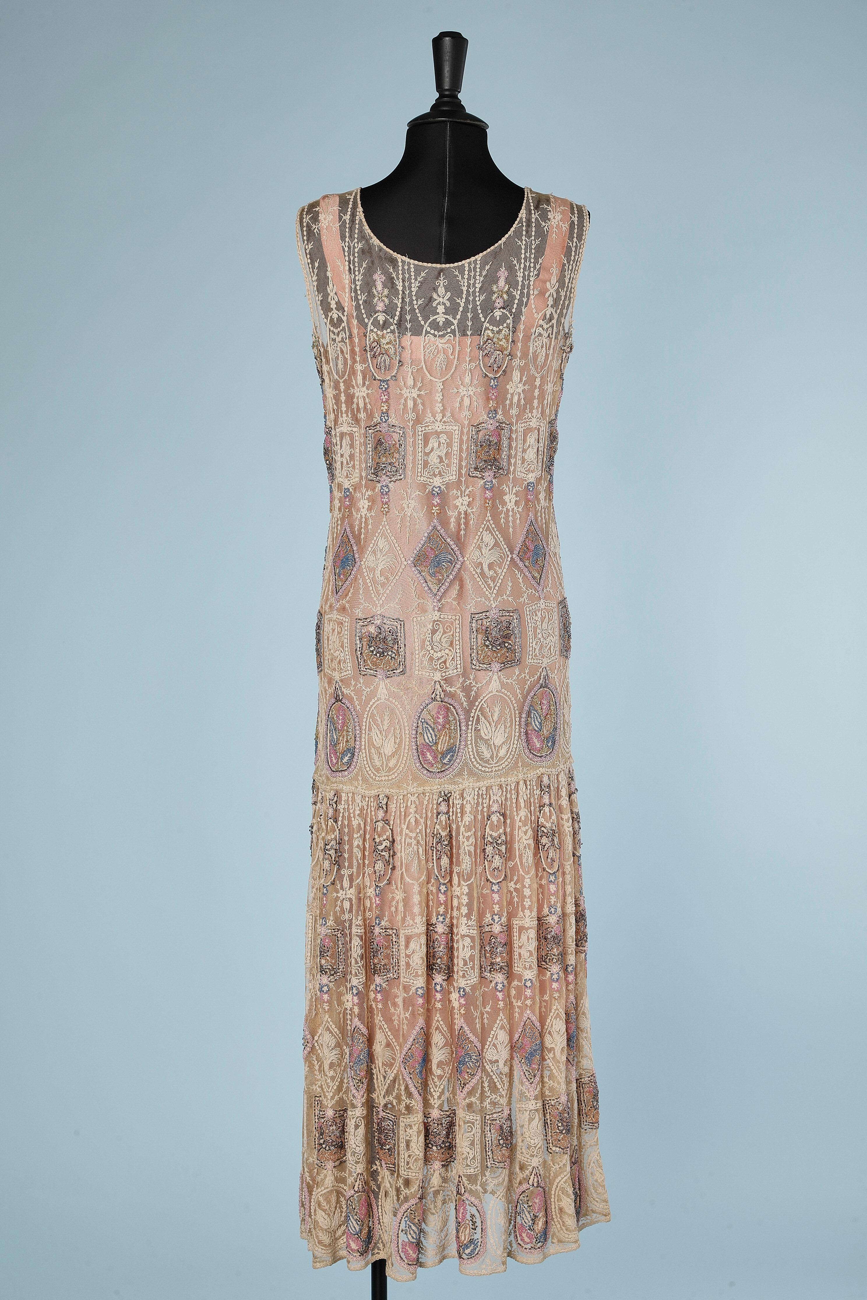 1925's lace and beadwork evening dress on a tulle base and pink silk petticoat  2