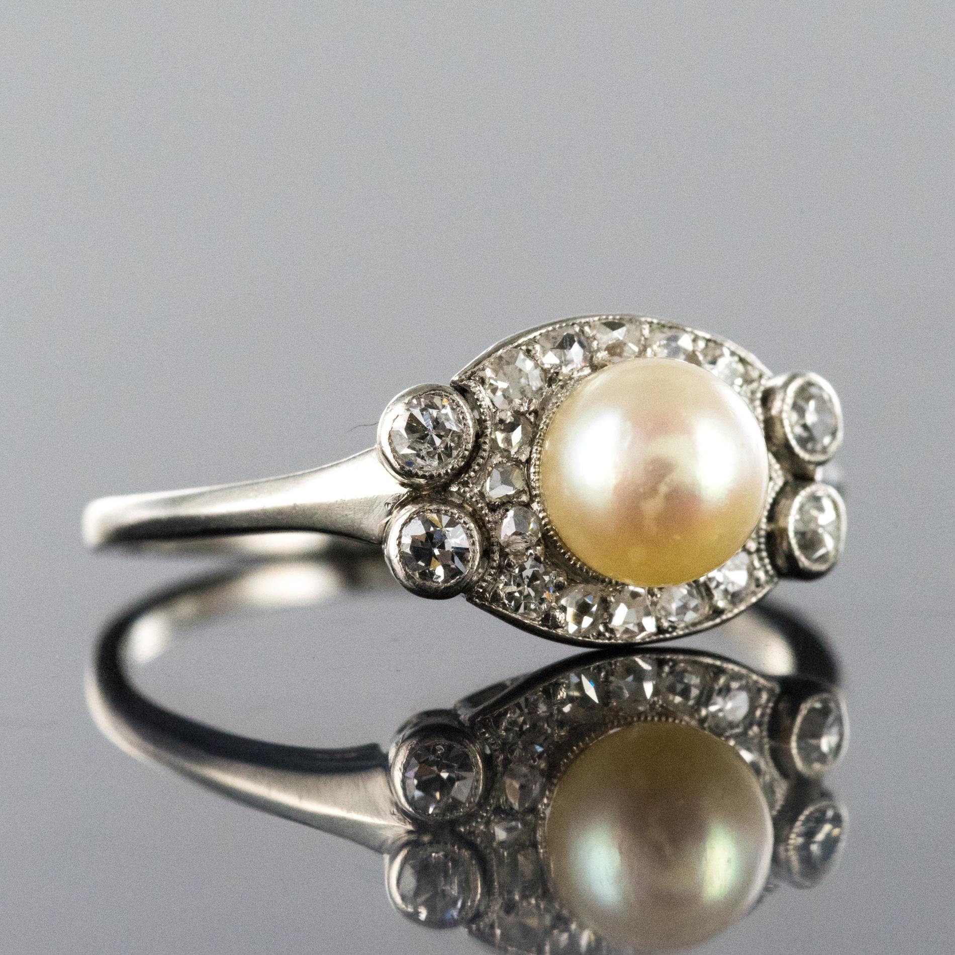 French Cut 1925s Cultured Pearl Diamonds Platinum Art Deco Ring For Sale