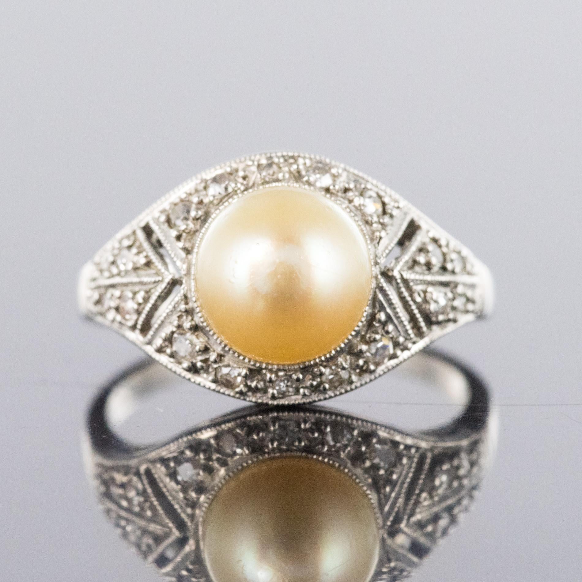 1925s Natural Pearl Diamonds Platinum Art Deco Ring 4