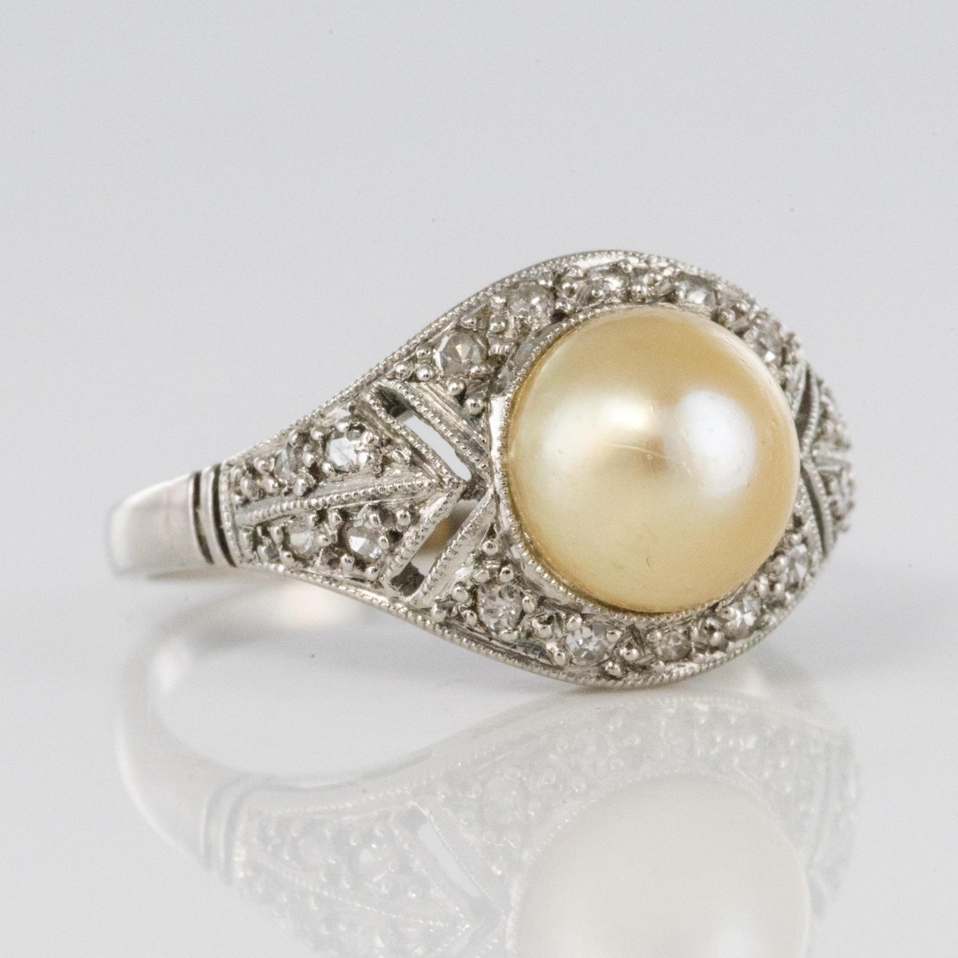 1925s Natural Pearl Diamonds Platinum Art Deco Ring 7