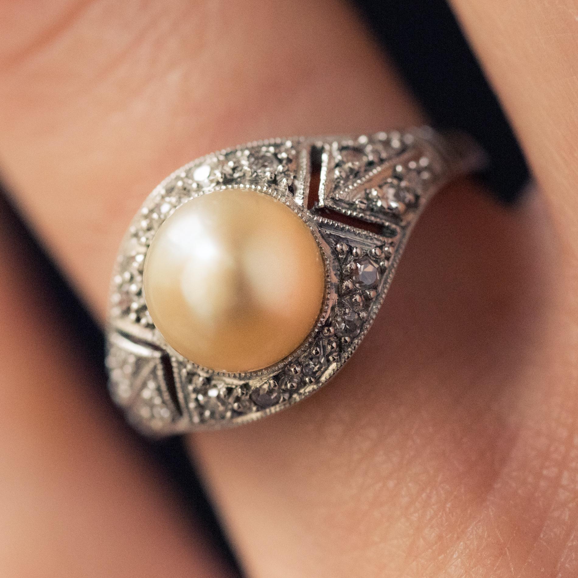 Rose Cut 1925s Natural Pearl Diamonds Platinum Art Deco Ring