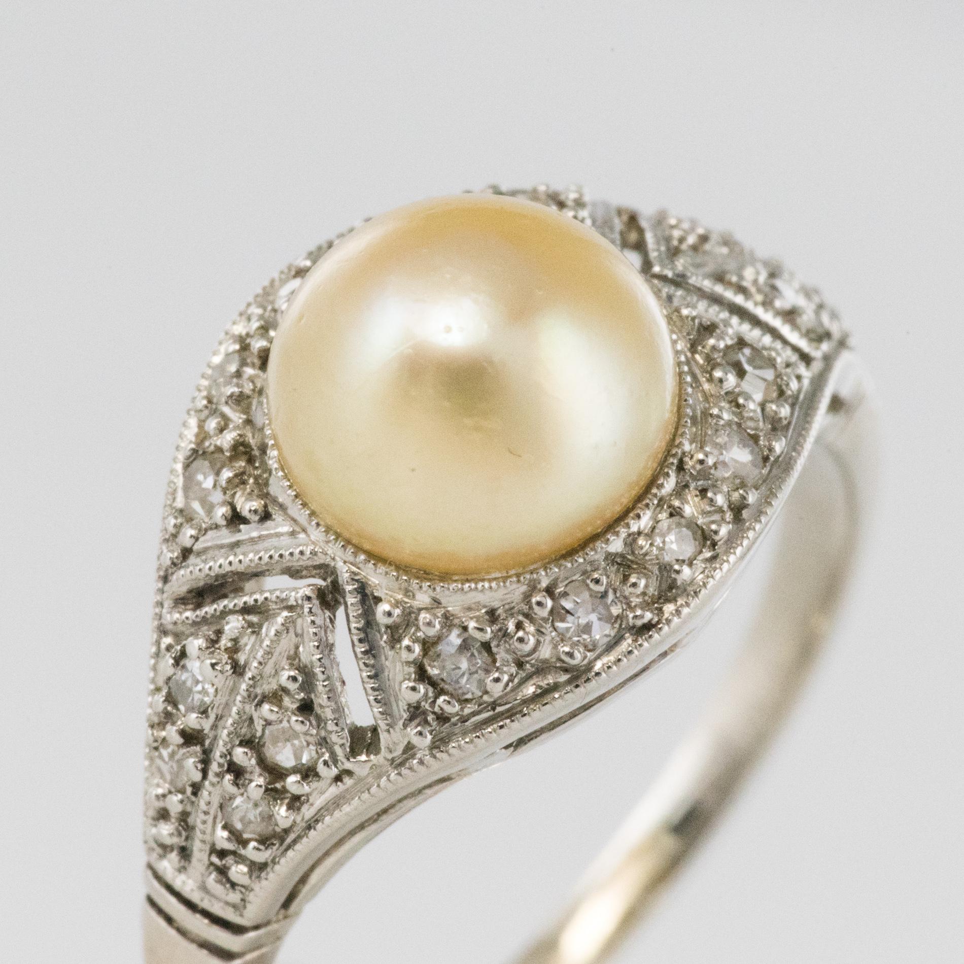 1925s Natural Pearl Diamonds Platinum Art Deco Ring 2