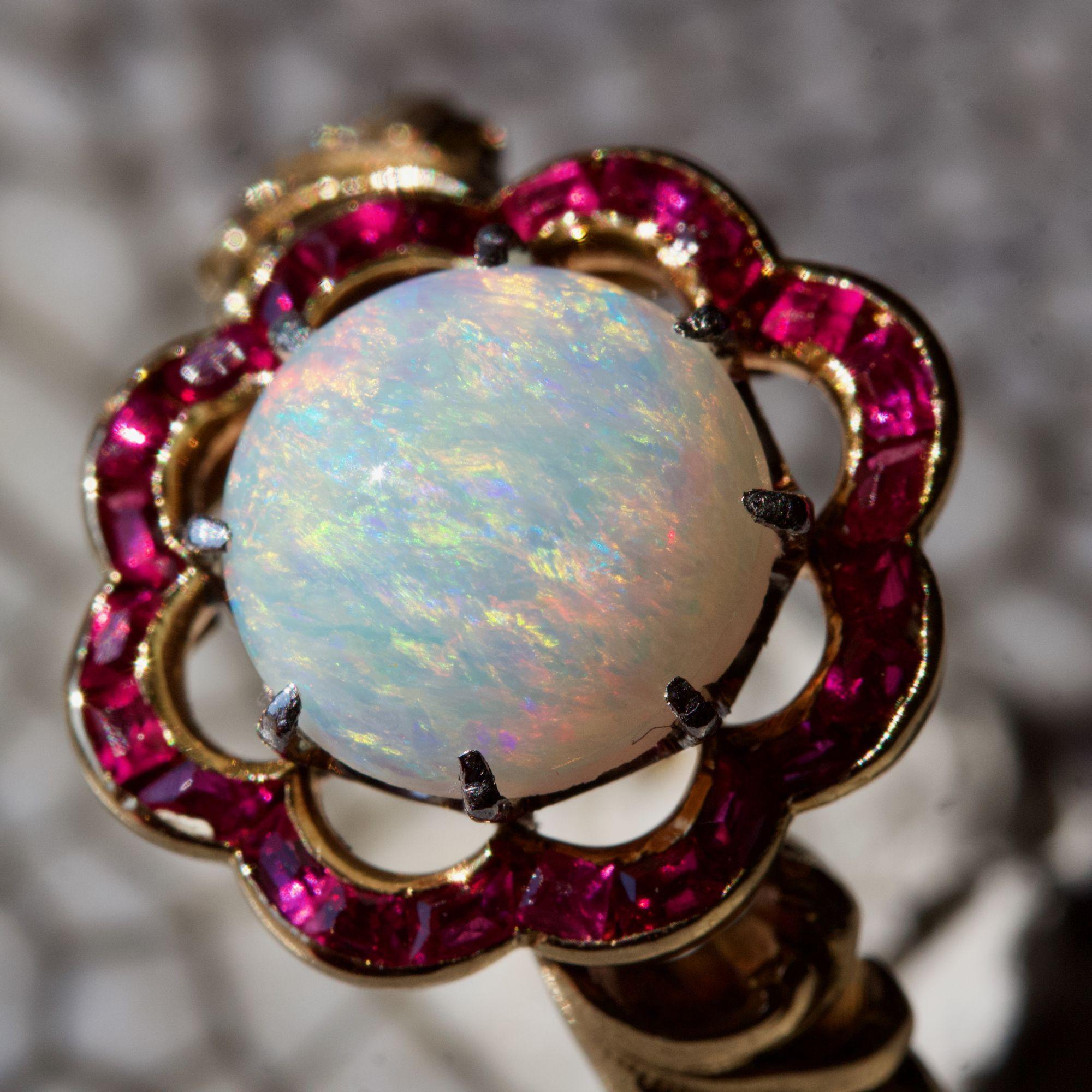 Cabochon 1925 Opal Calibrated Ruby 18 Karat Yellow Gold Ring For Sale