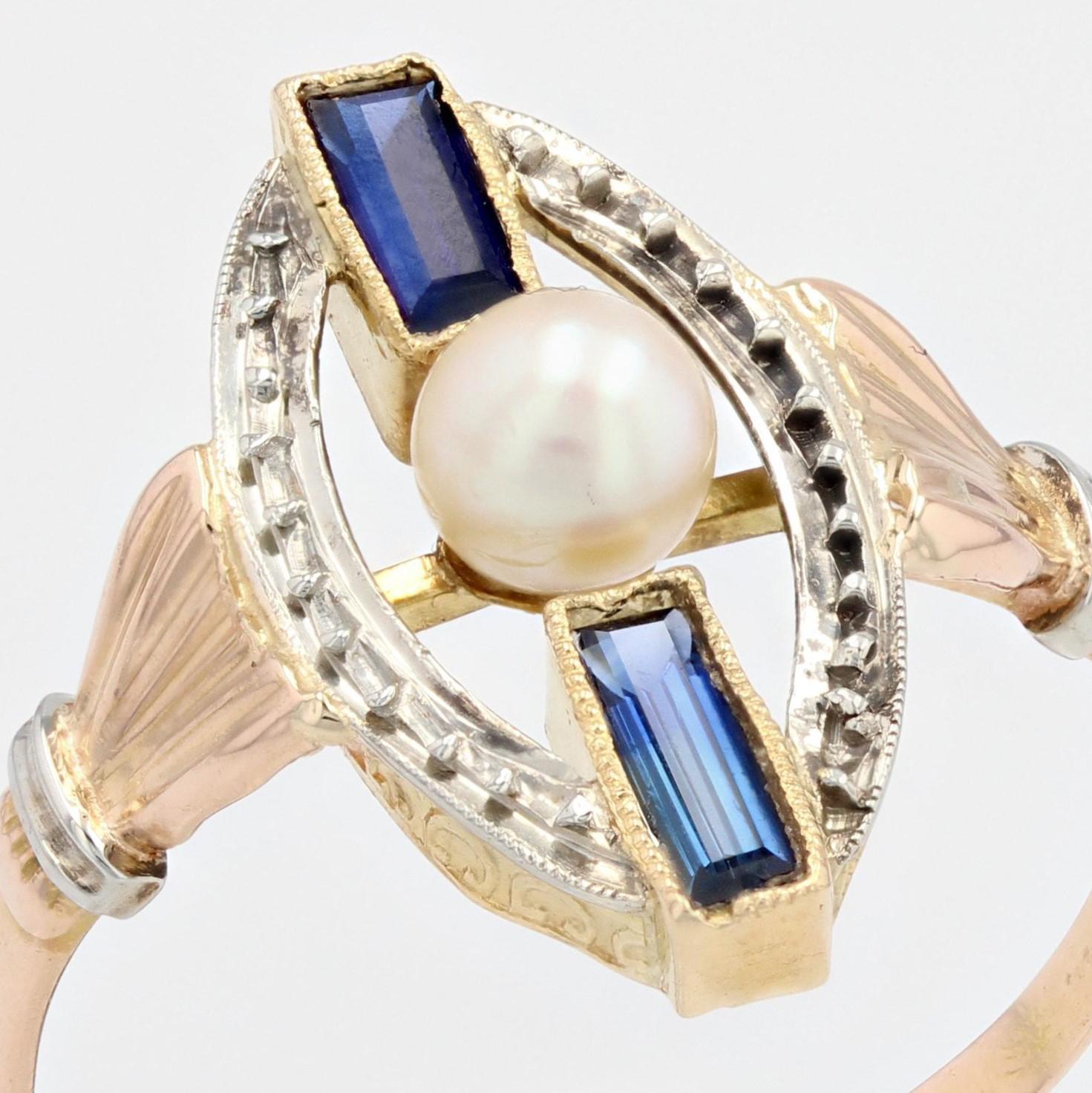 1925s Pearl Sapphire 18 Karat Rose White Gold Art Deco Ring For Sale 5
