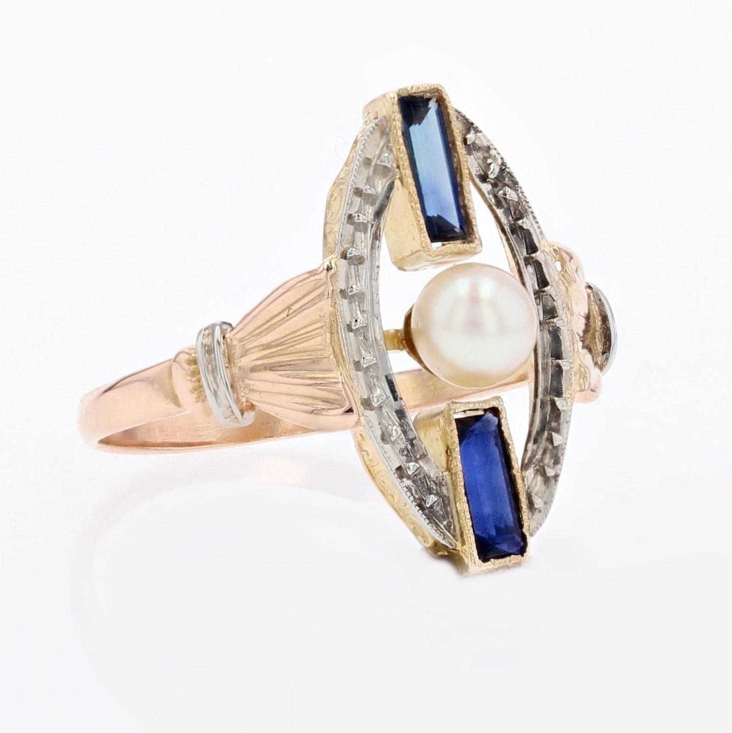 1925s Pearl Sapphire 18 Karat Rose White Gold Art Deco Ring For Sale 6