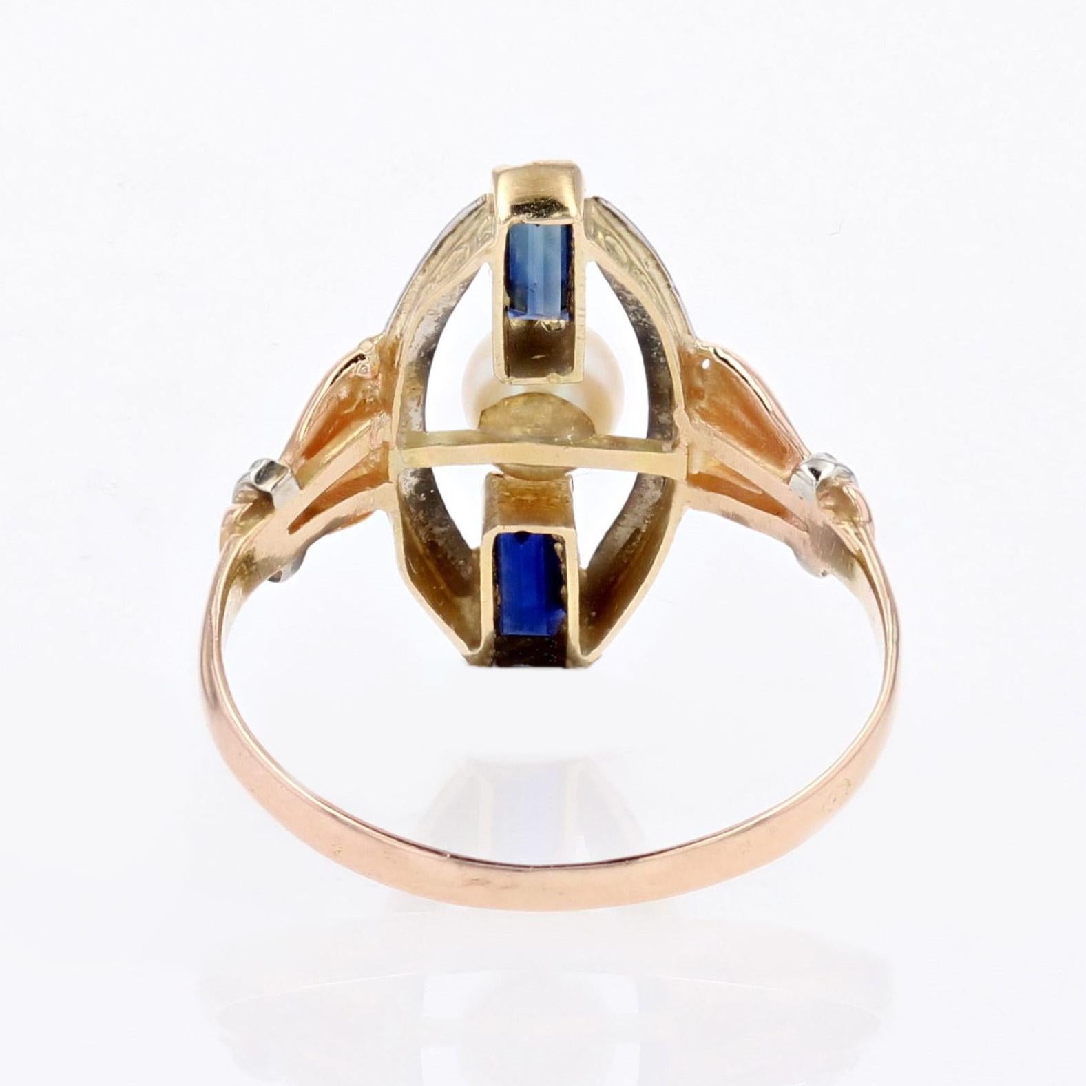 1925s Pearl Sapphire 18 Karat Rose White Gold Art Deco Ring For Sale 9