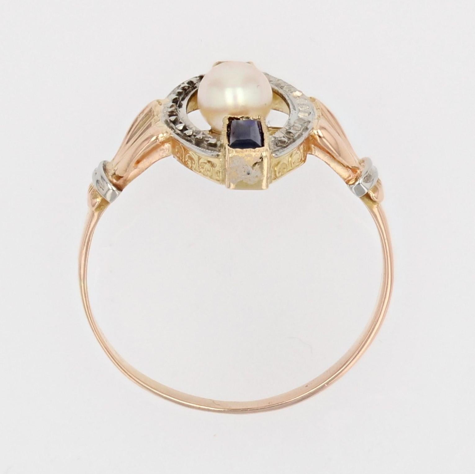 1925s Pearl Sapphire 18 Karat Rose White Gold Art Deco Ring For Sale 10