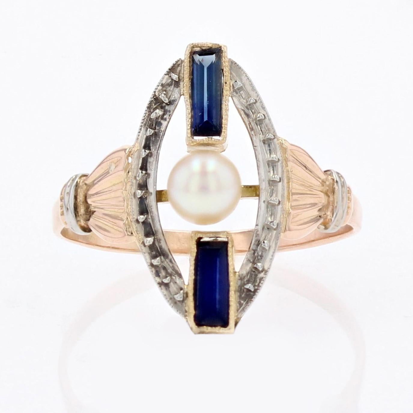 1925s Pearl Sapphire 18 Karat Rose White Gold Art Deco Ring For Sale 2