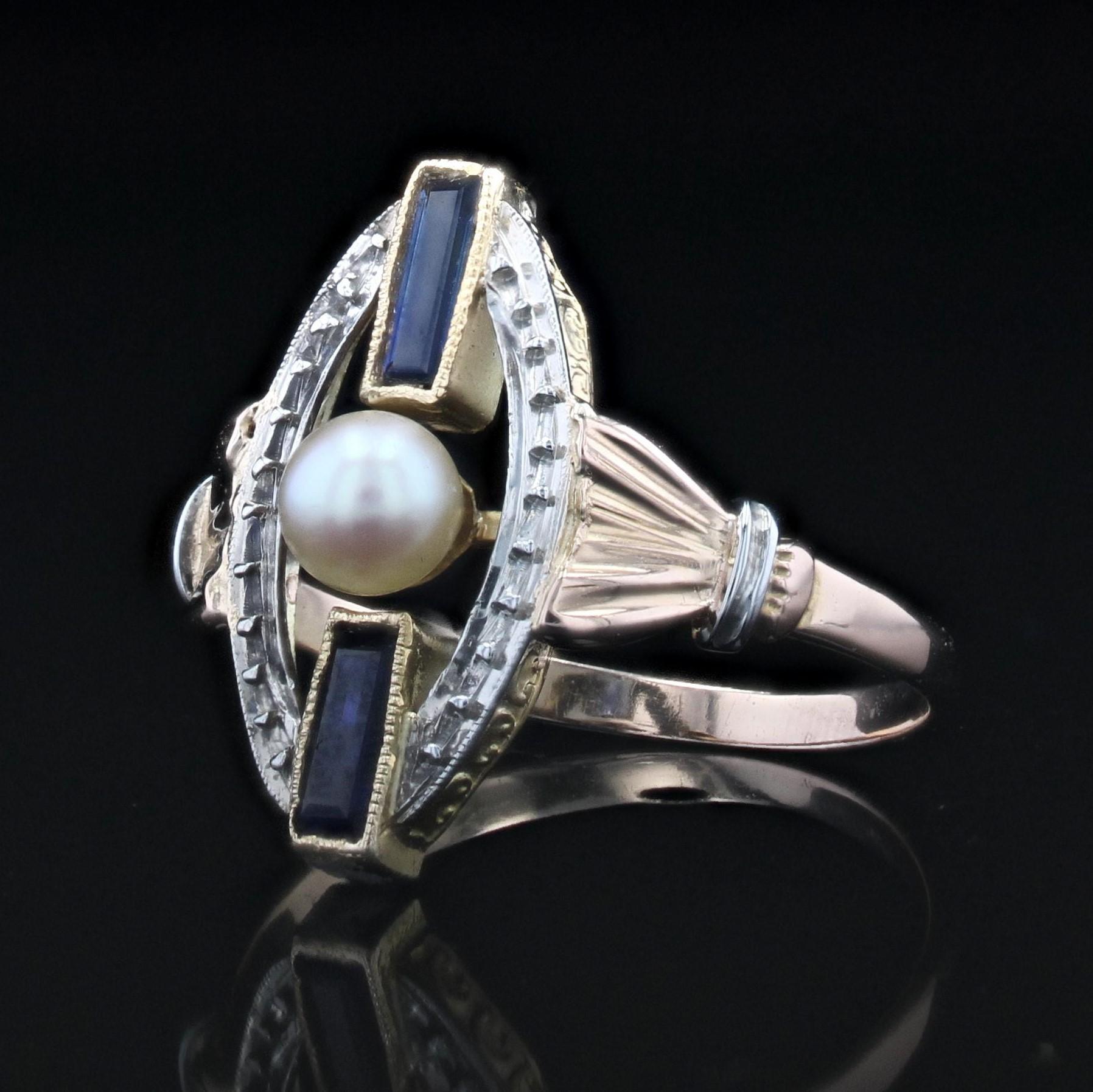 1925s Pearl Sapphire 18 Karat Rose White Gold Art Deco Ring For Sale 3