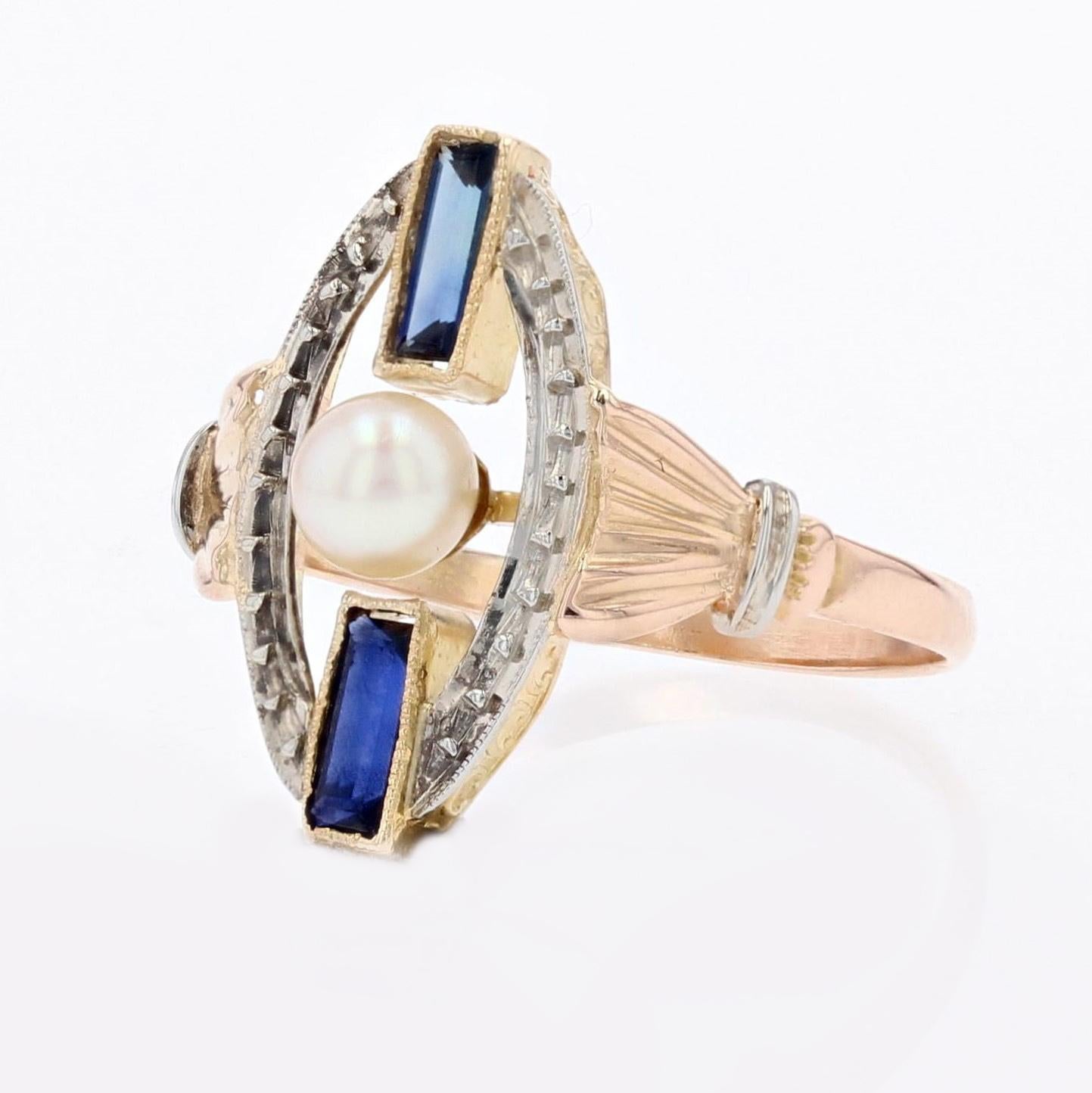 1925s Pearl Sapphire 18 Karat Rose White Gold Art Deco Ring For Sale 4