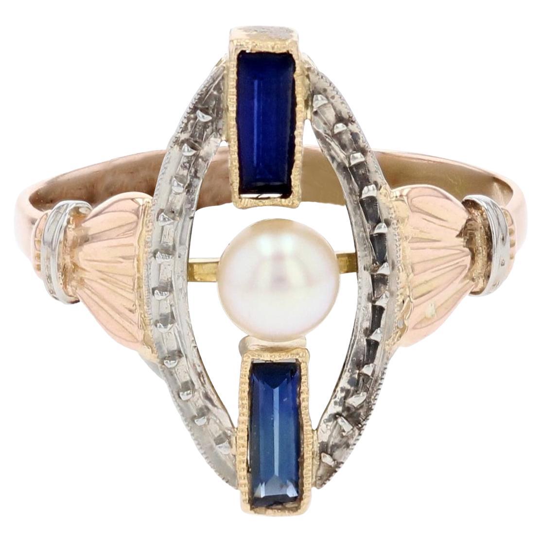 1925s Pearl Sapphire 18 Karat Rose White Gold Art Deco Ring For Sale