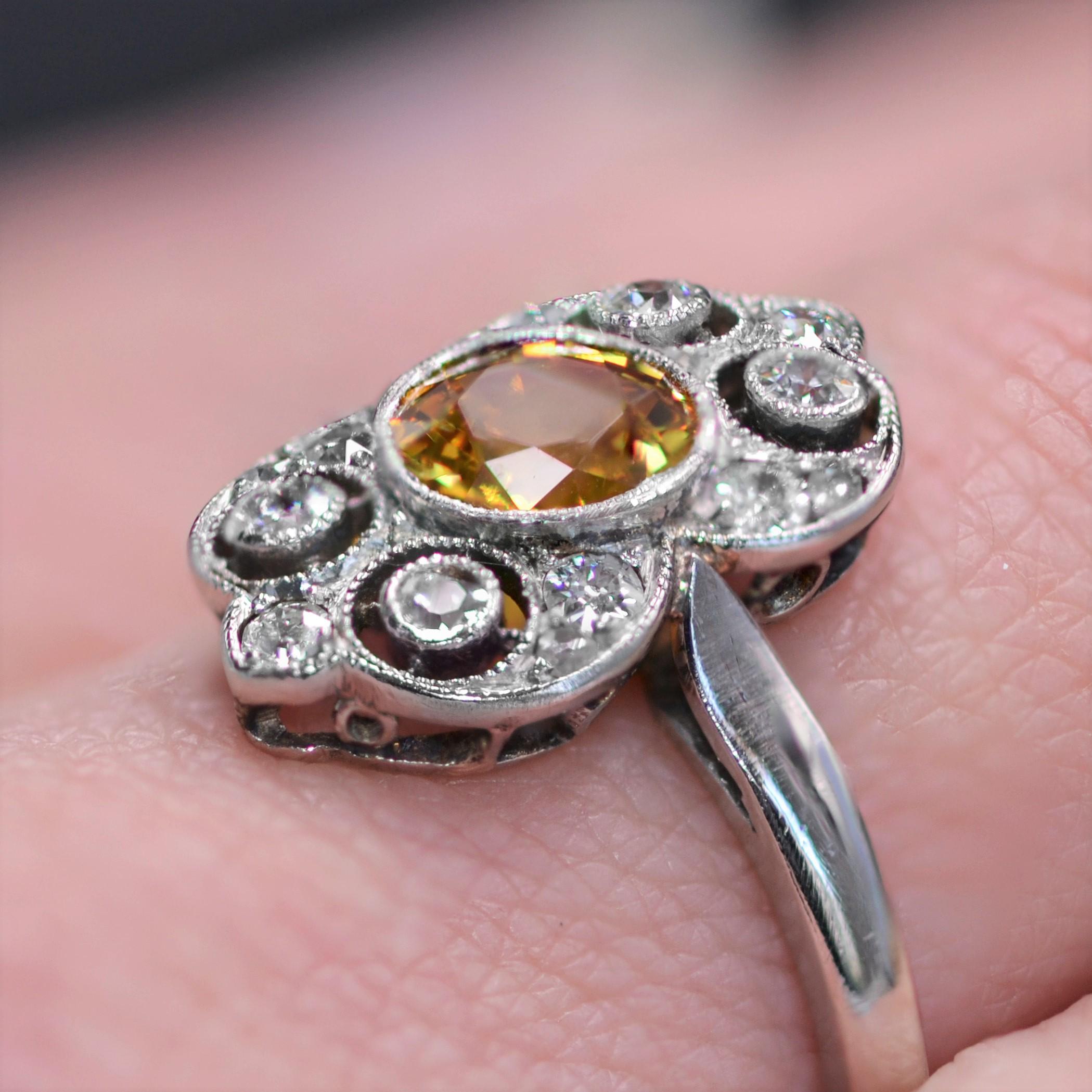 1925s Yellow Sapphire Diamonds Platinum Art Deco Ring For Sale 4