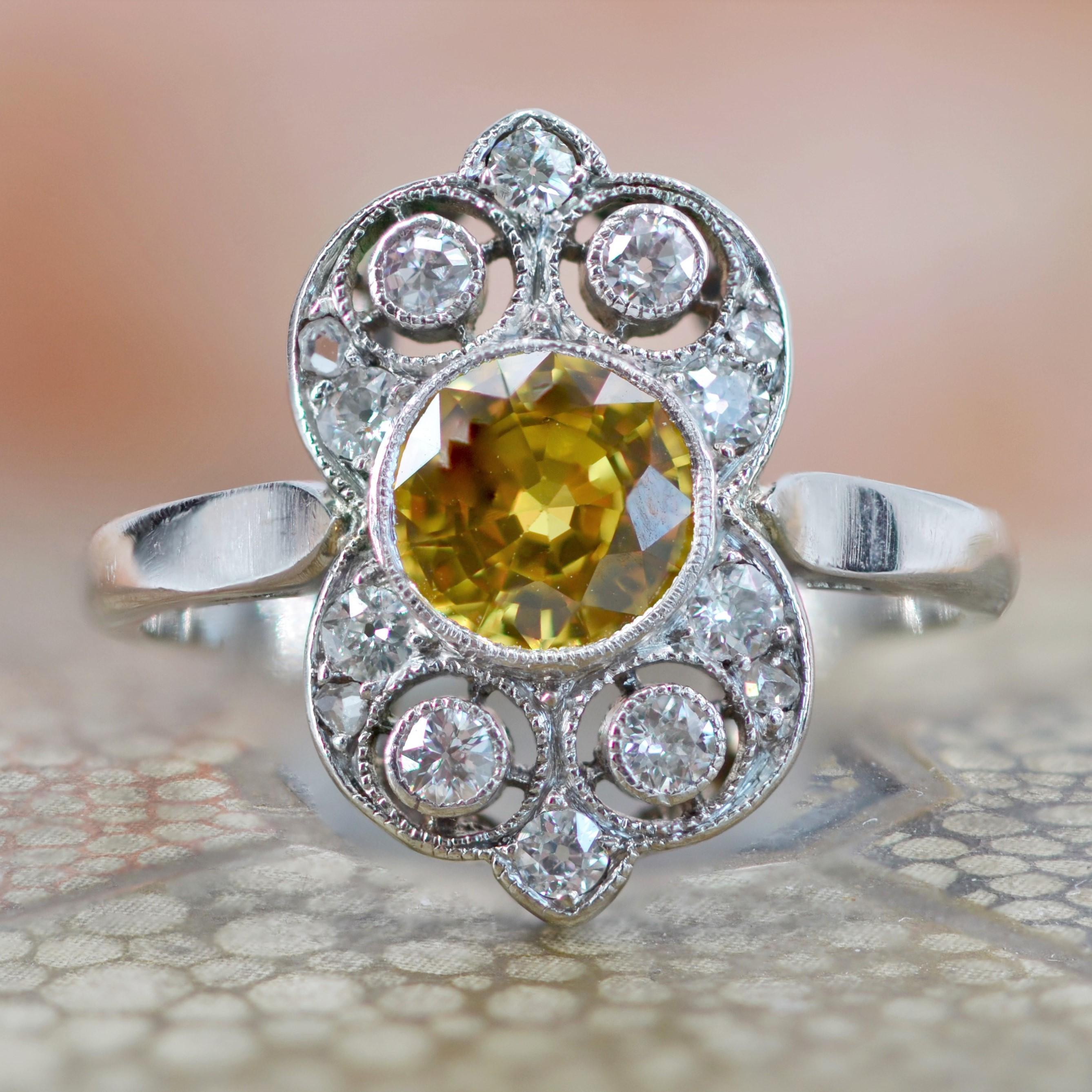 1925s Yellow Sapphire Diamonds Platinum Art Deco Ring For Sale 5