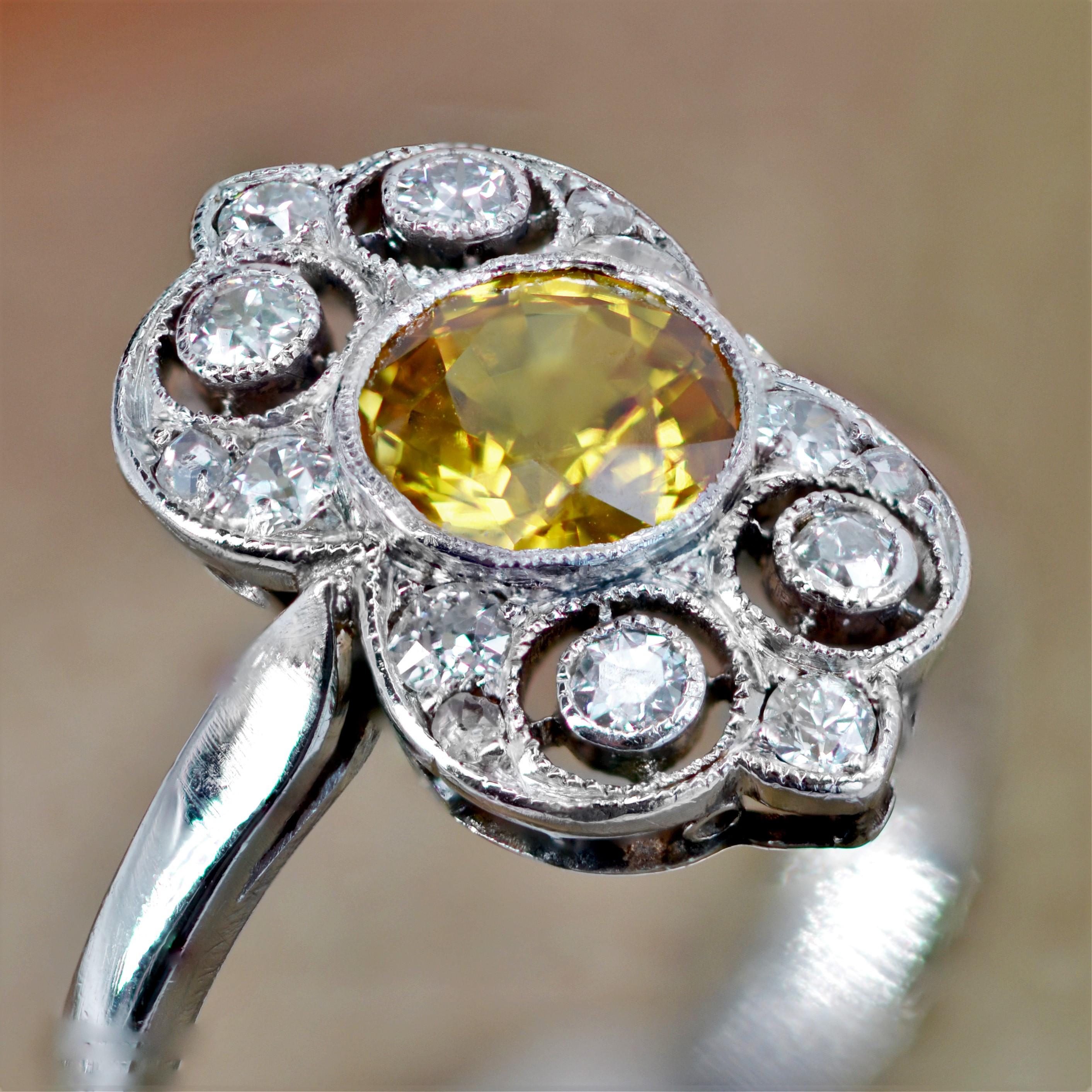 1925s Yellow Sapphire Diamonds Platinum Art Deco Ring For Sale 6