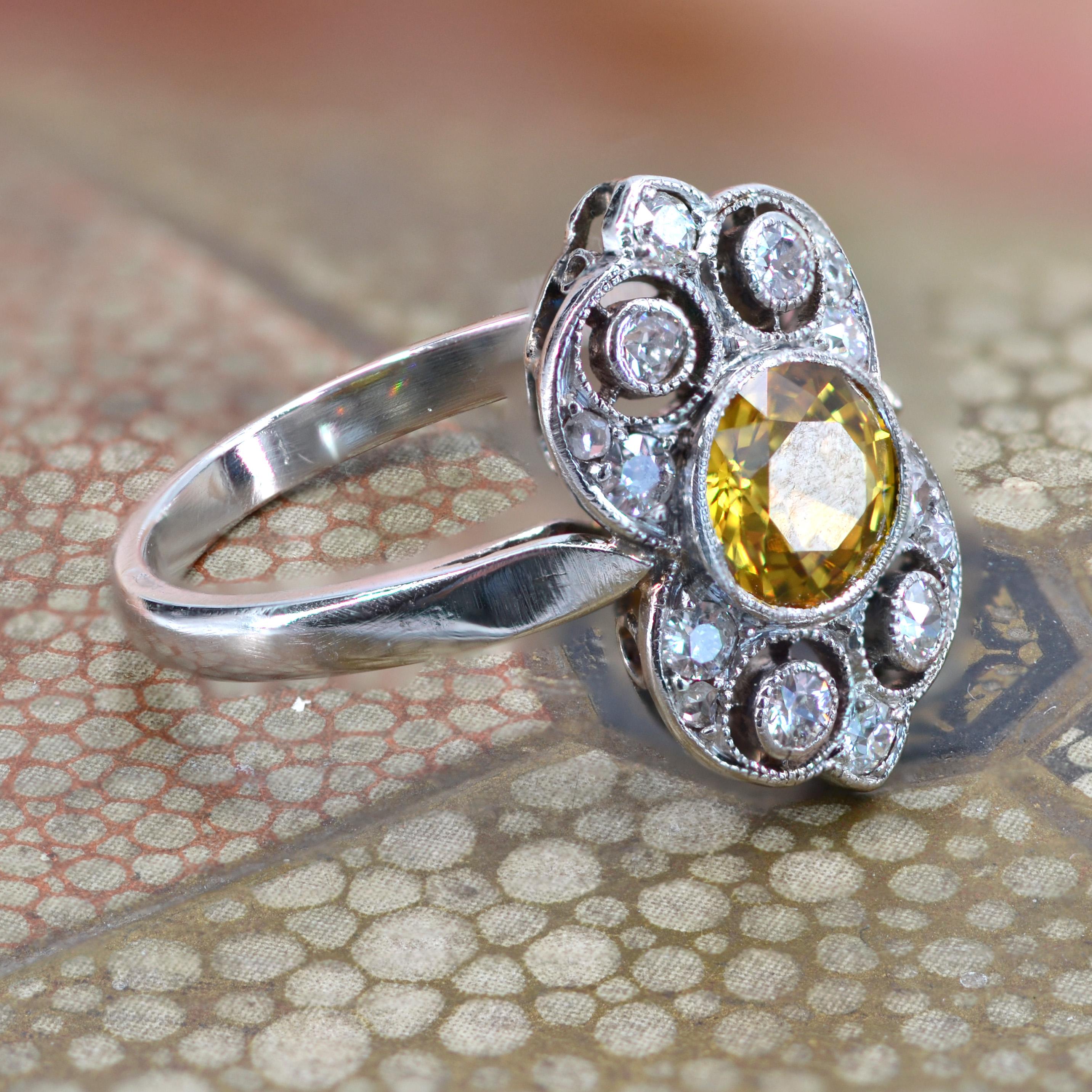 1925s Yellow Sapphire Diamonds Platinum Art Deco Ring For Sale 7