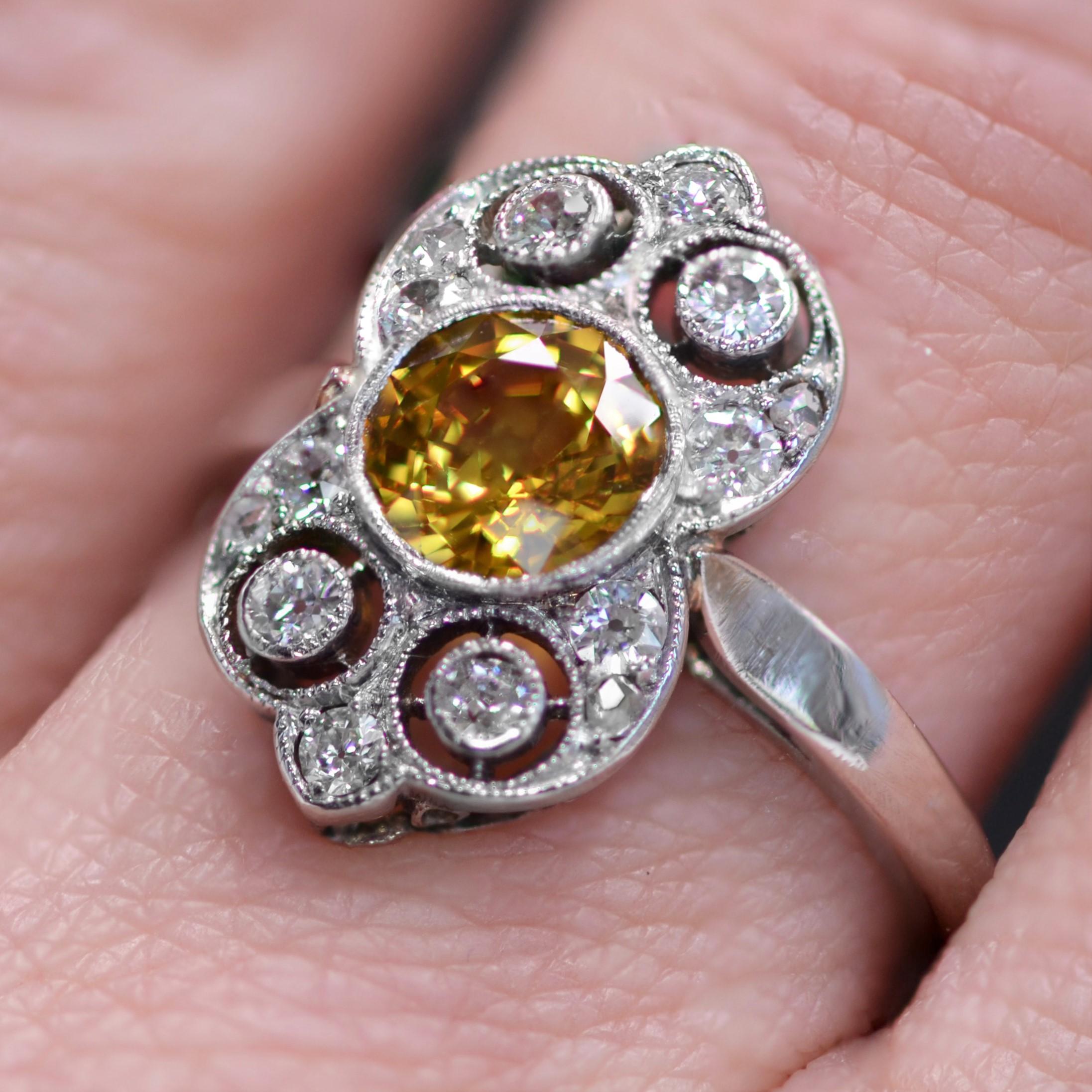 1925s Yellow Sapphire Diamonds Platinum Art Deco Ring For Sale 8