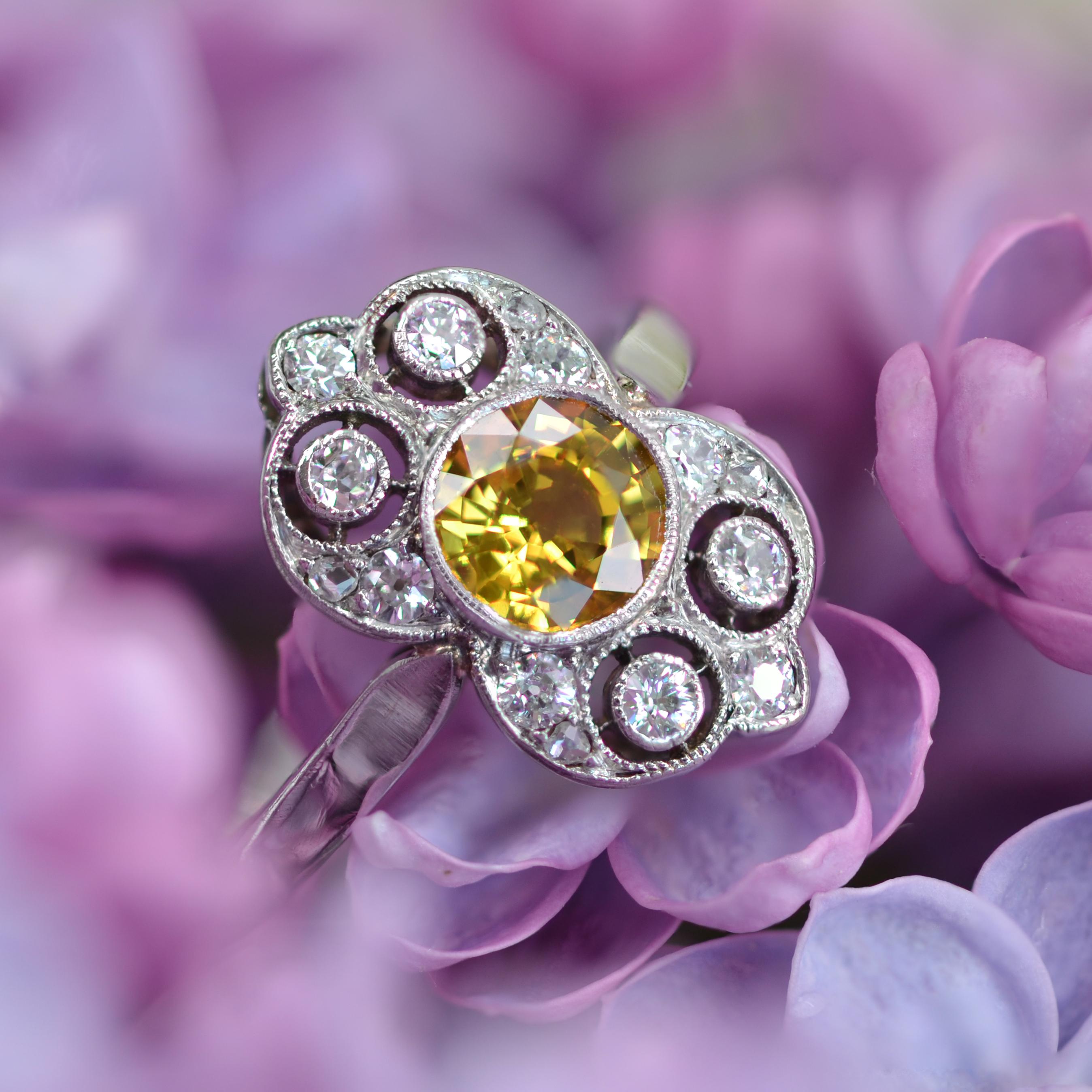 Round Cut 1925s Yellow Sapphire Diamonds Platinum Art Deco Ring For Sale