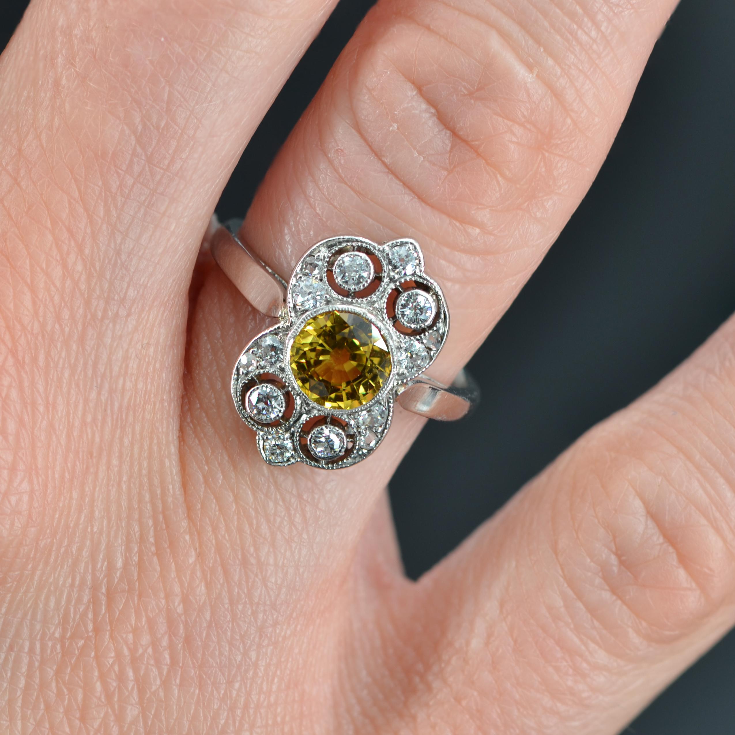 Women's 1925s Yellow Sapphire Diamonds Platinum Art Deco Ring For Sale