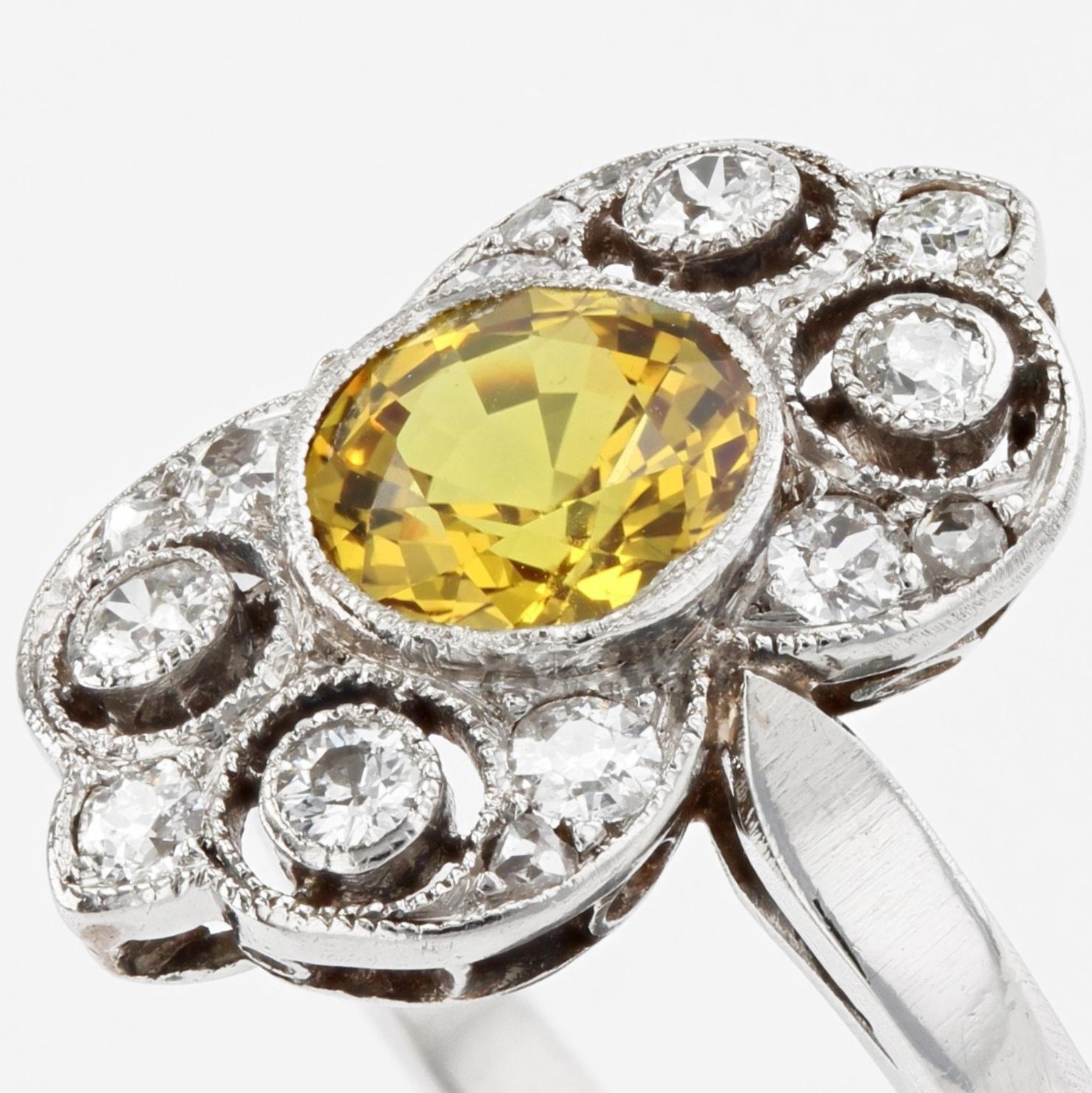 1925s Yellow Sapphire Diamonds Platinum Art Deco Ring For Sale 2