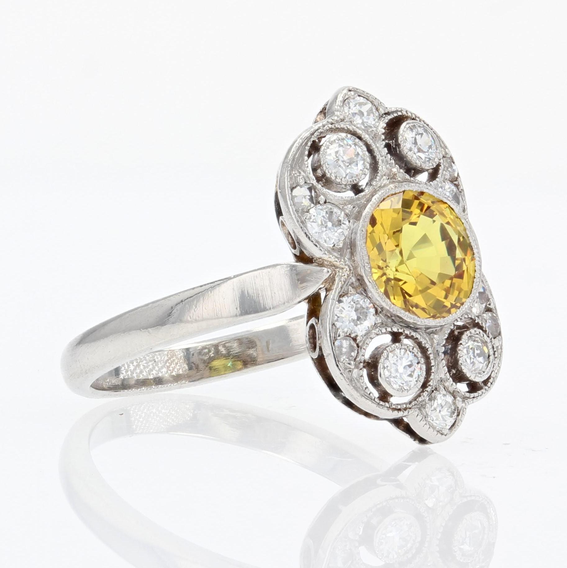 1925s Yellow Sapphire Diamonds Platinum Art Deco Ring For Sale 3