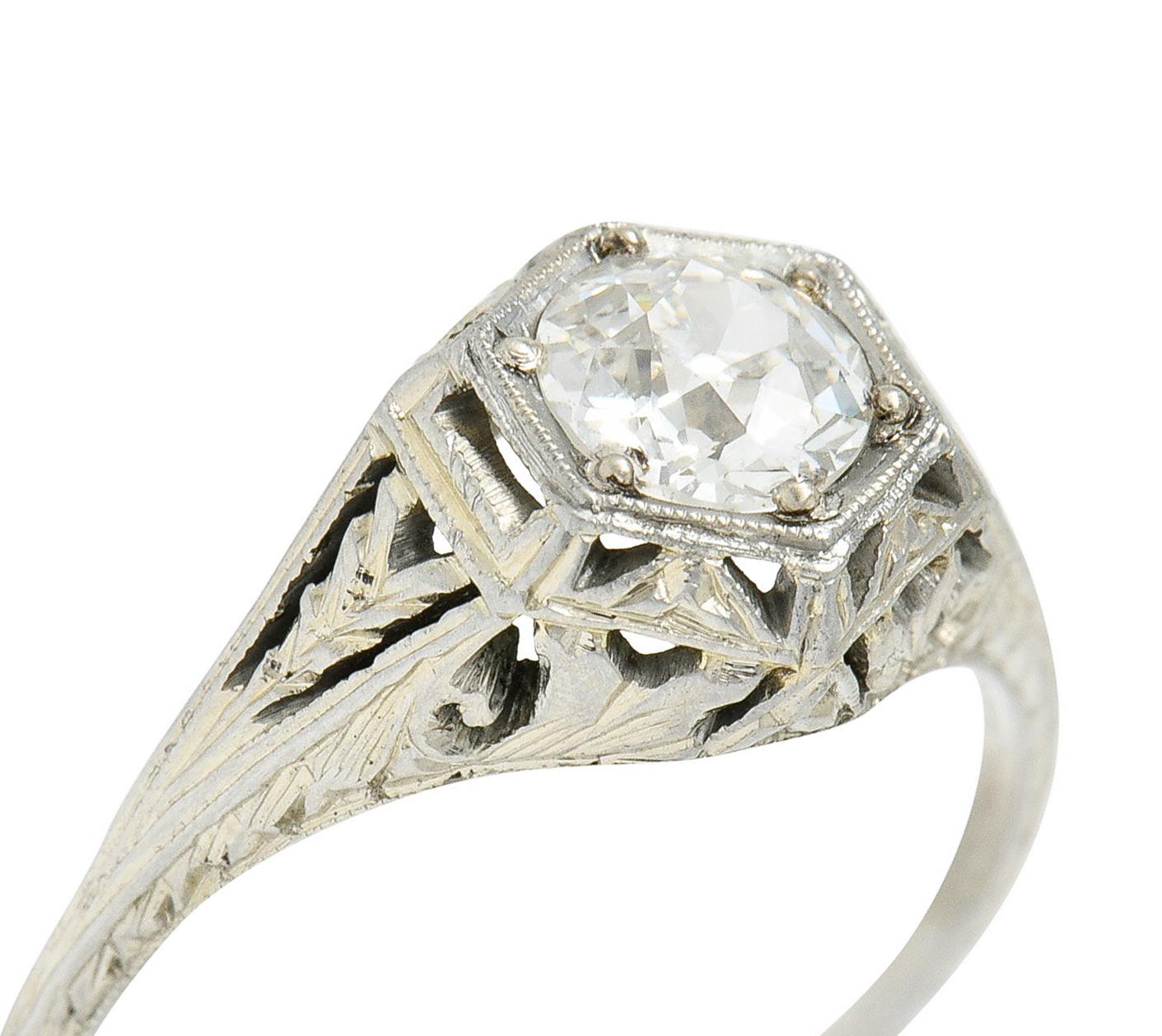 1926 Art Deco 0.76 Carat Diamond 18 Karat White Gold Hexagonal Engagement Ring 4