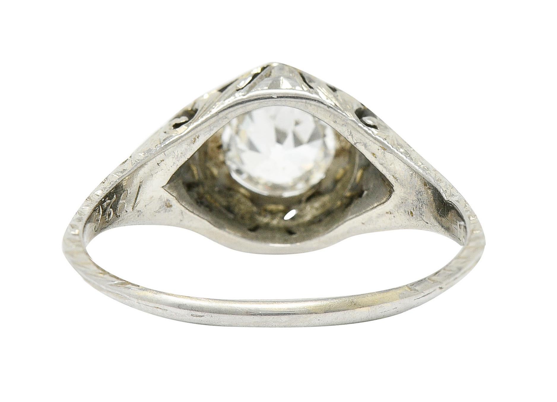 Taglio antico europeo 1926 Anello di fidanzamento esagonale in oro bianco 18 carati con diamante Art Deco da 0,76 carati