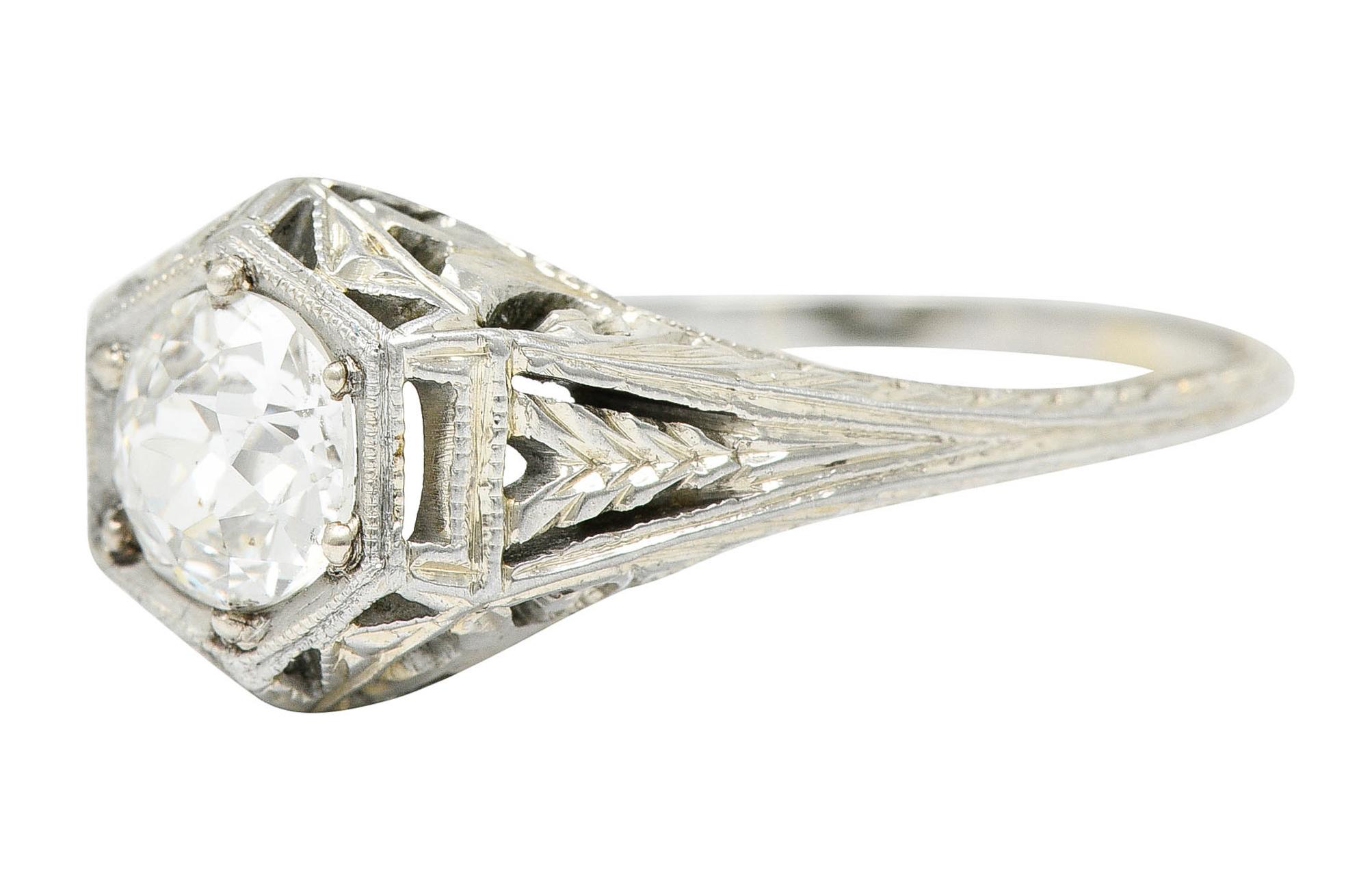 Old European Cut 1926 Art Deco 0.76 Carat Diamond 18 Karat White Gold Hexagonal Engagement Ring